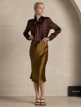 [Coffee] SilkSilky-AU 19Momme Stretch Silk Charmeuse Long Sleeve Tie Neck Blouse 007