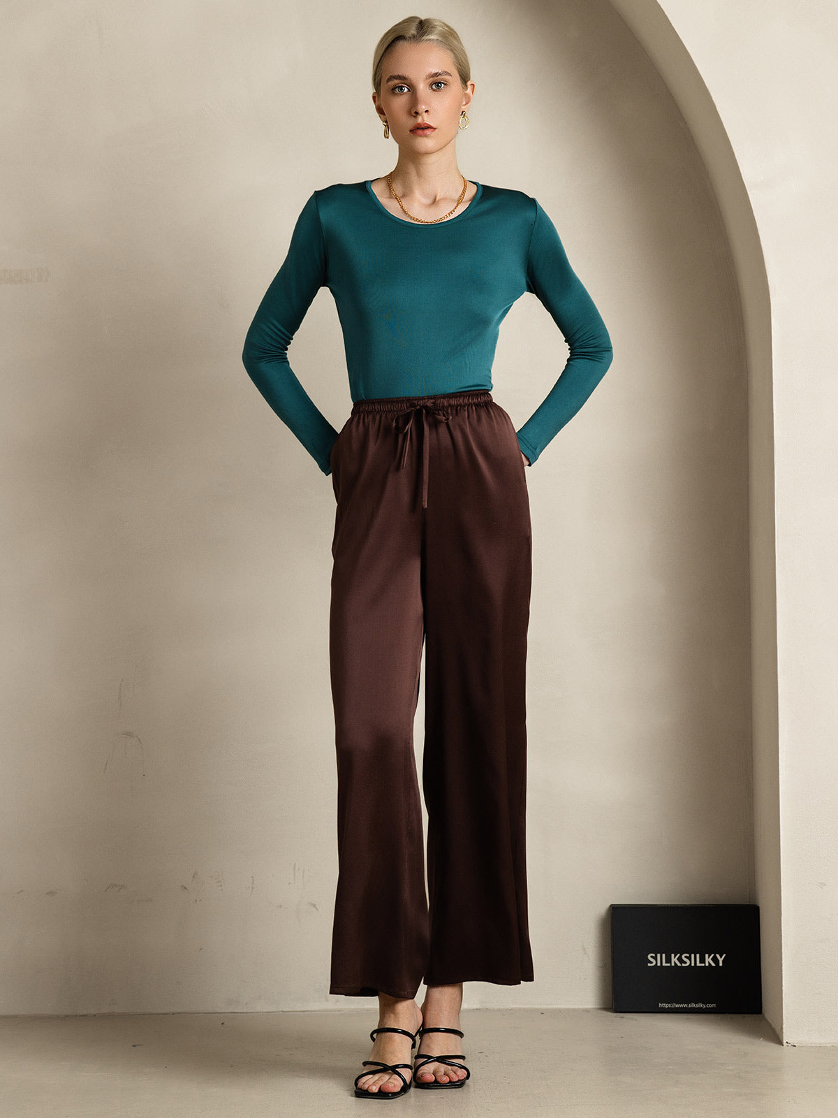 [Coffee] SilkSilky-AU Pure Silk Womens Pants 001