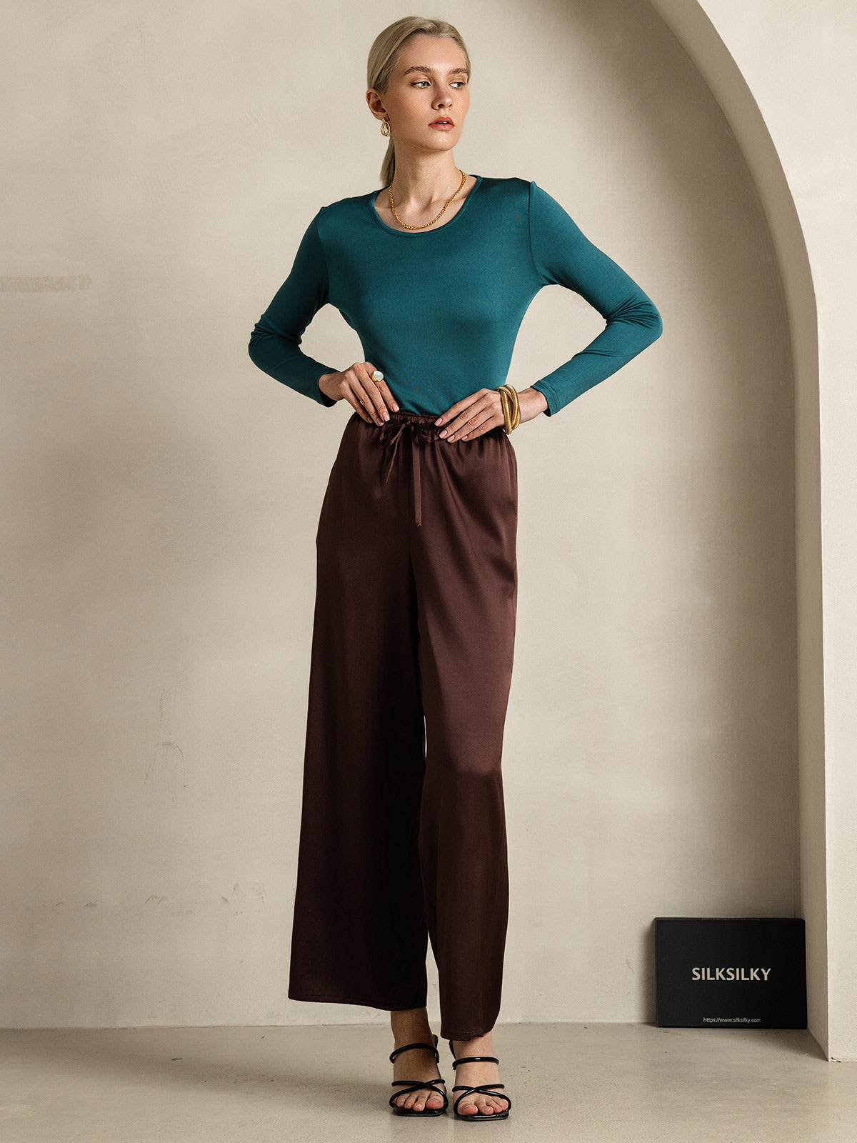 [Coffee] SilkSilky-AU Pure Silk Womens Pants 007