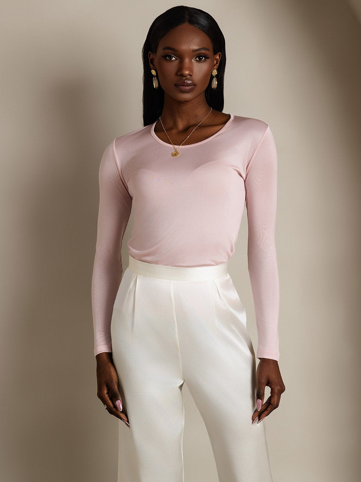 [Coral Pink] SilkSilky-AU Silk Long Sleeve Round Neck Women's T-Shirt 001