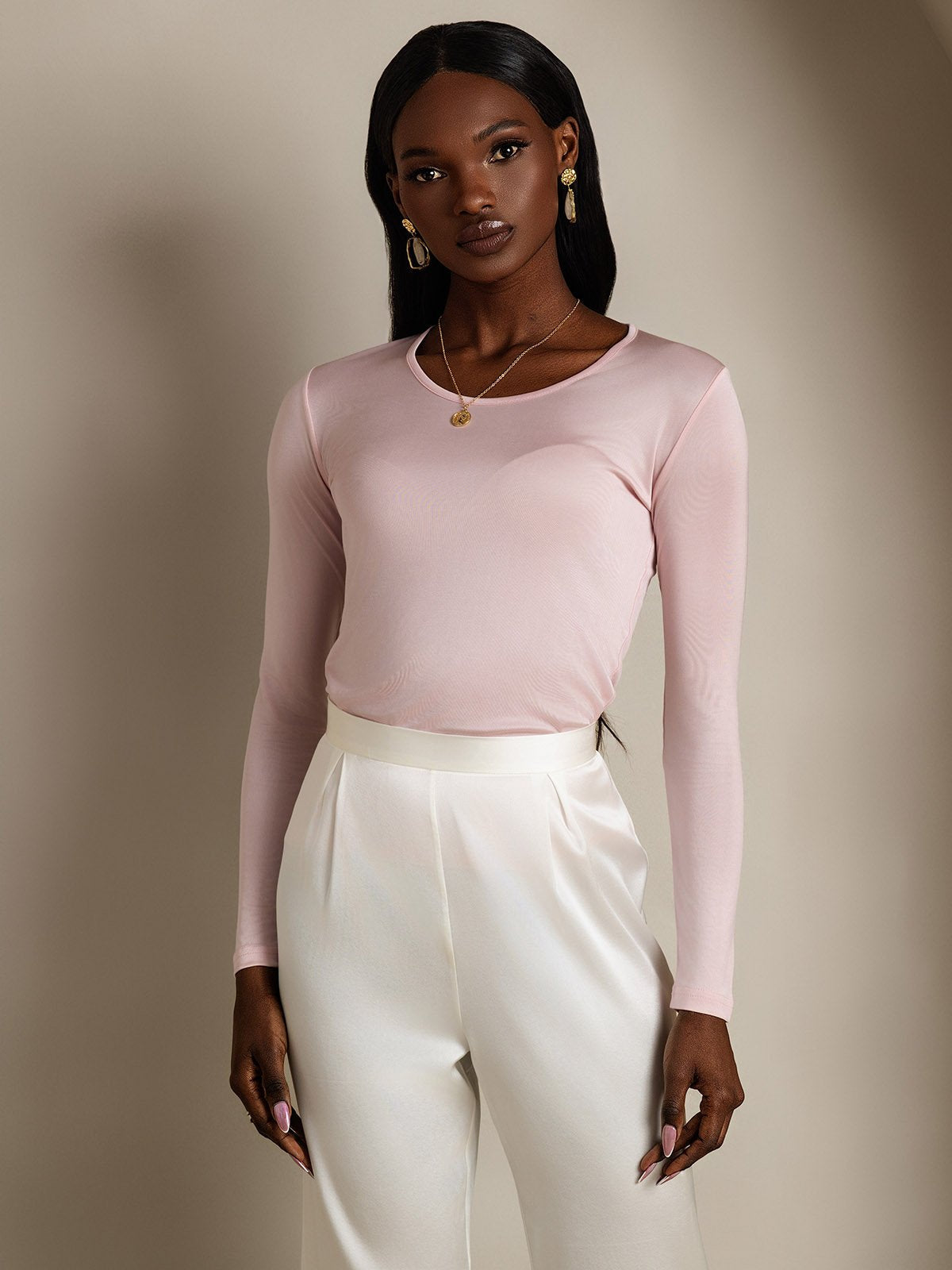 [Coral Pink] SilkSilky-AU Silk Long Sleeve Round Neck Women's T-Shirt 003