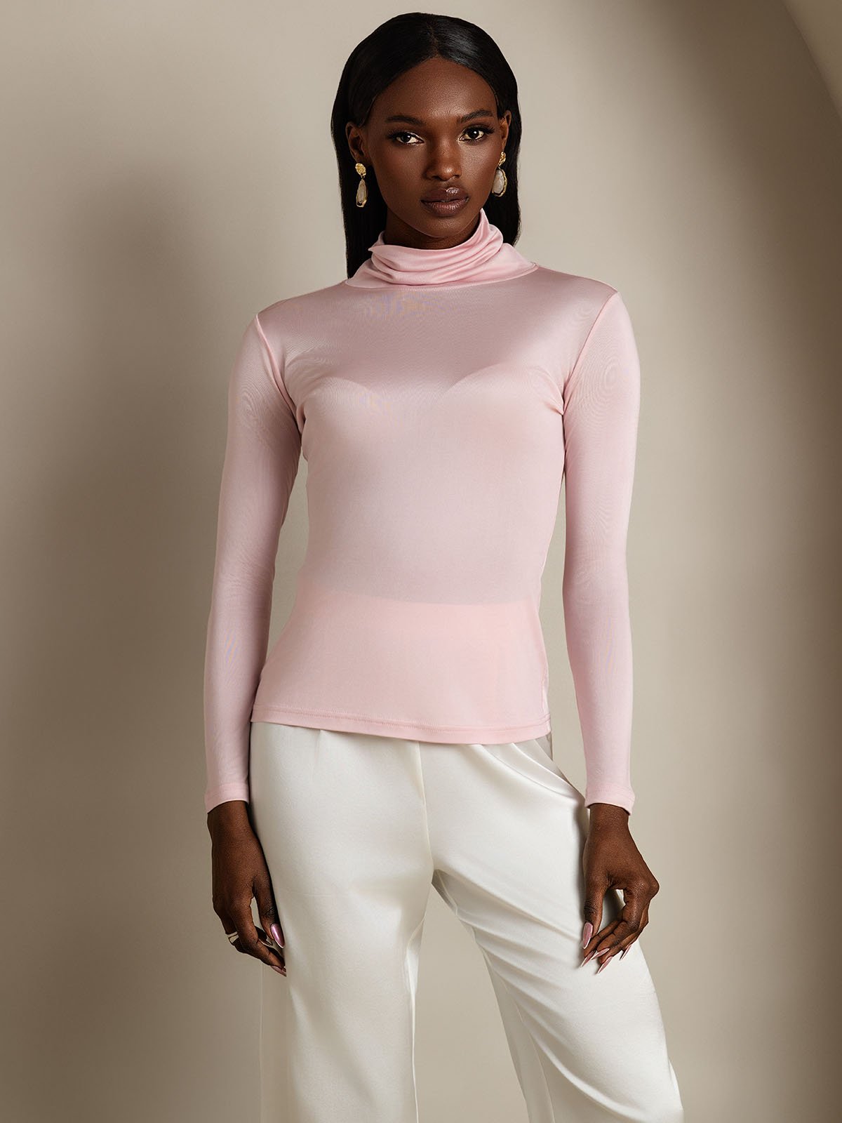 [Coral Pink] SilkSilky-AU Silk Long Sleeve Womens T-Shirt 001