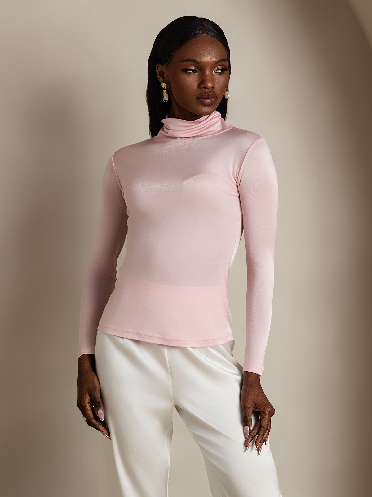 [Coral Pink] SilkSilky-AU Silk Long Sleeve Womens T-Shirt 002