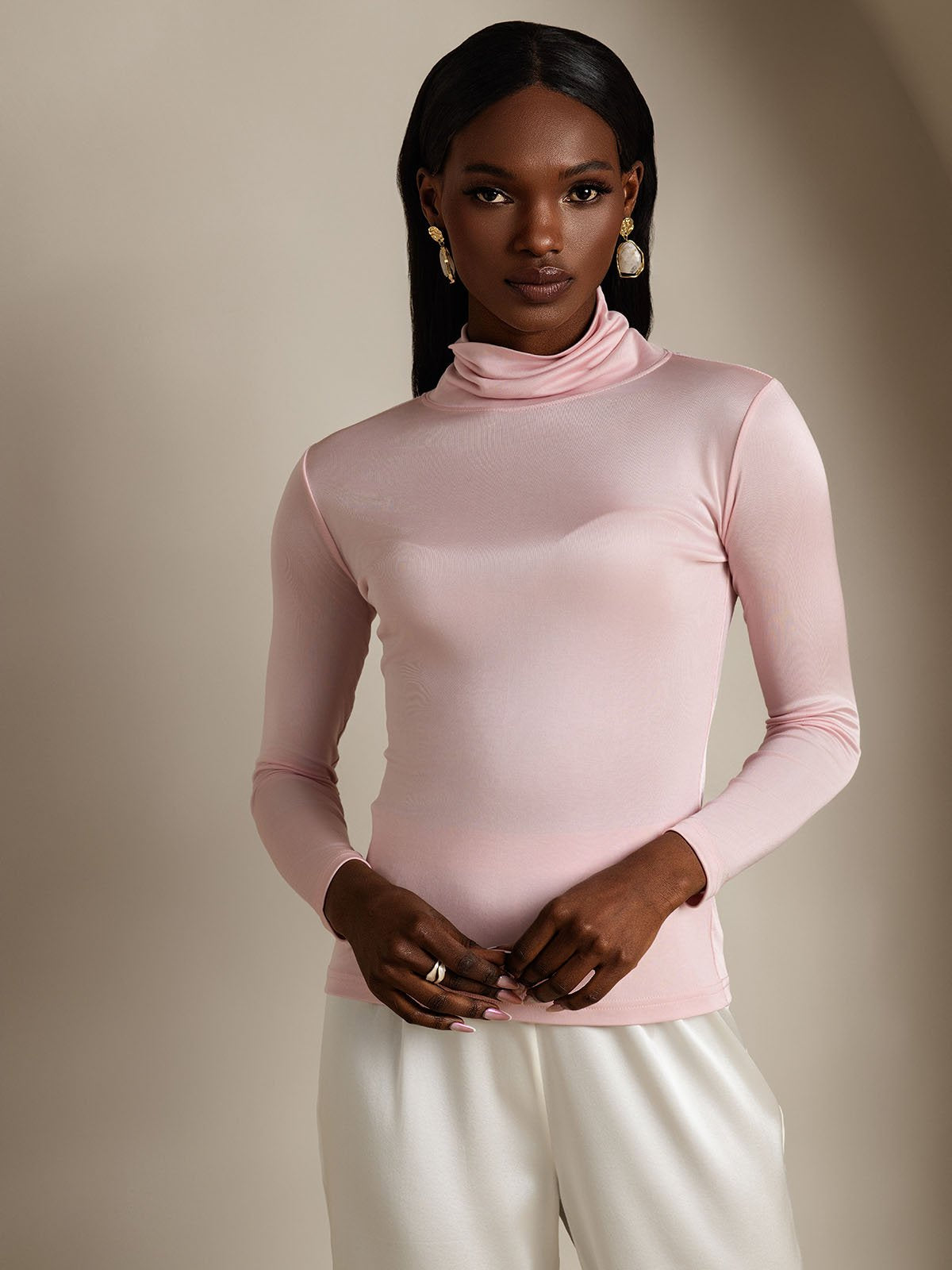 [Coral Pink] SilkSilky-AU Silk Long Sleeve Womens T-Shirt 003