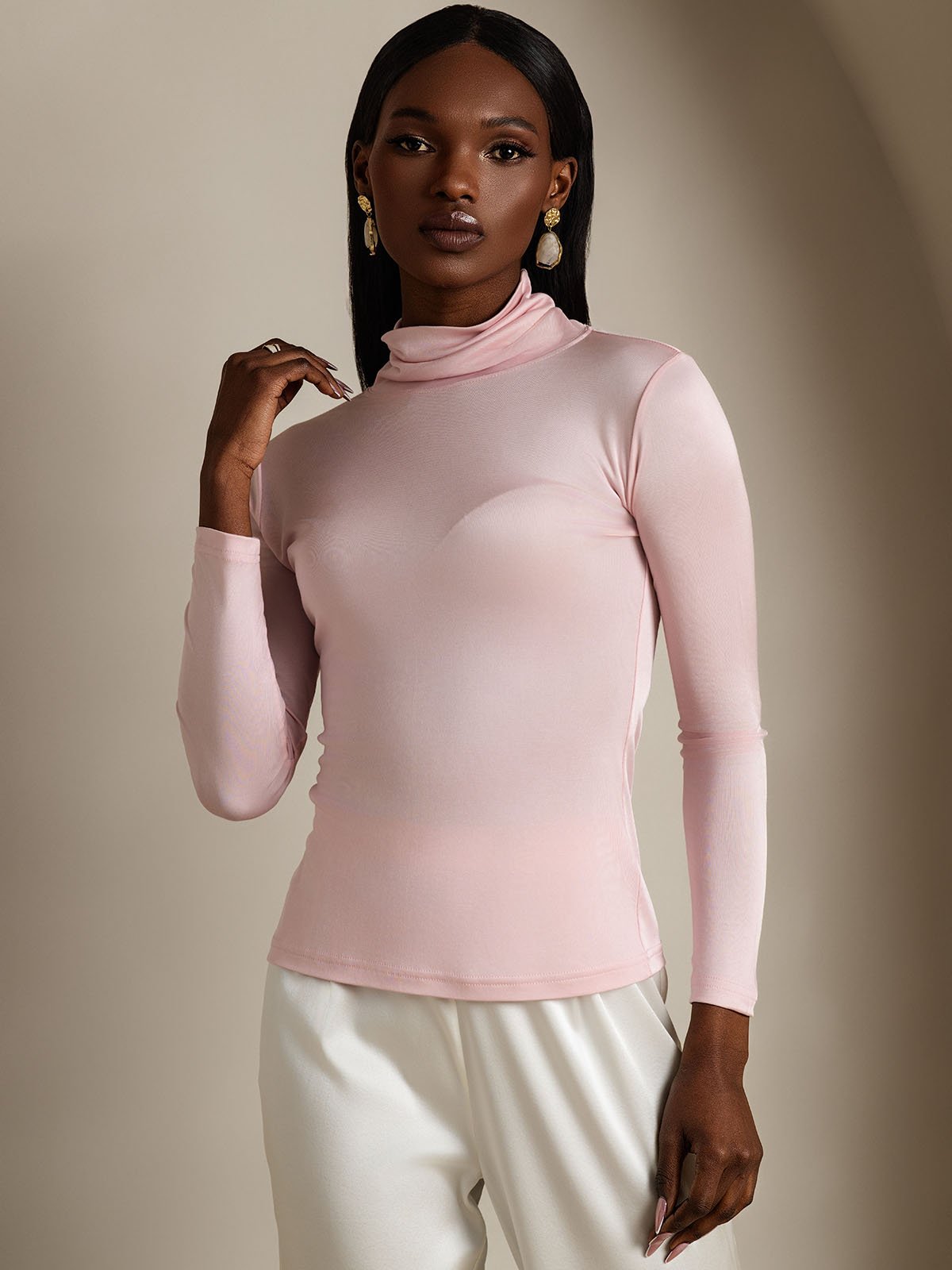 [Coral Pink] SilkSilky-AU Silk Long Sleeve Womens T-Shirt 004