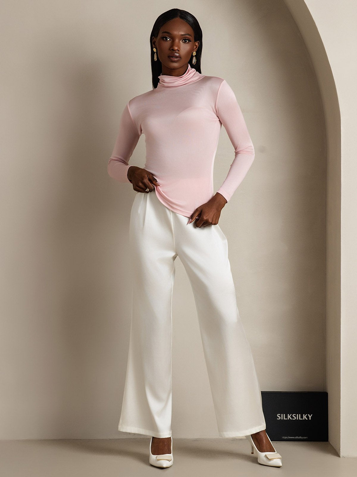 [Coral Pink] SilkSilky-AU Silk Long Sleeve Womens T-Shirt 005