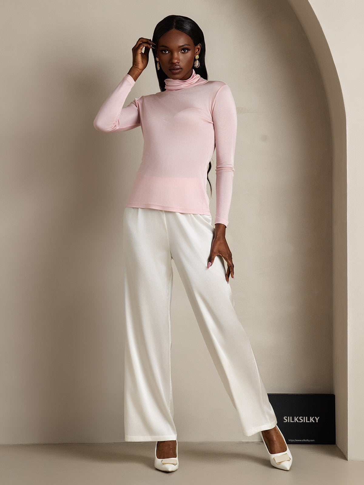 [Coral Pink] SilkSilky-AU Silk Long Sleeve Womens T-Shirt 006