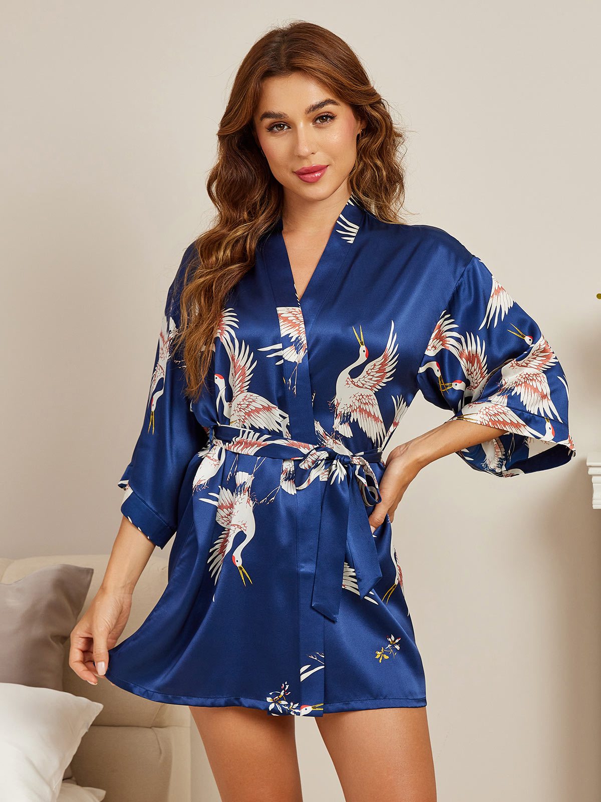 [Dark Blue] SilkSilky-AU 19Momme Pure Silk 3/4 Sleeve Deep V Neck Women's Dressing Gown 003