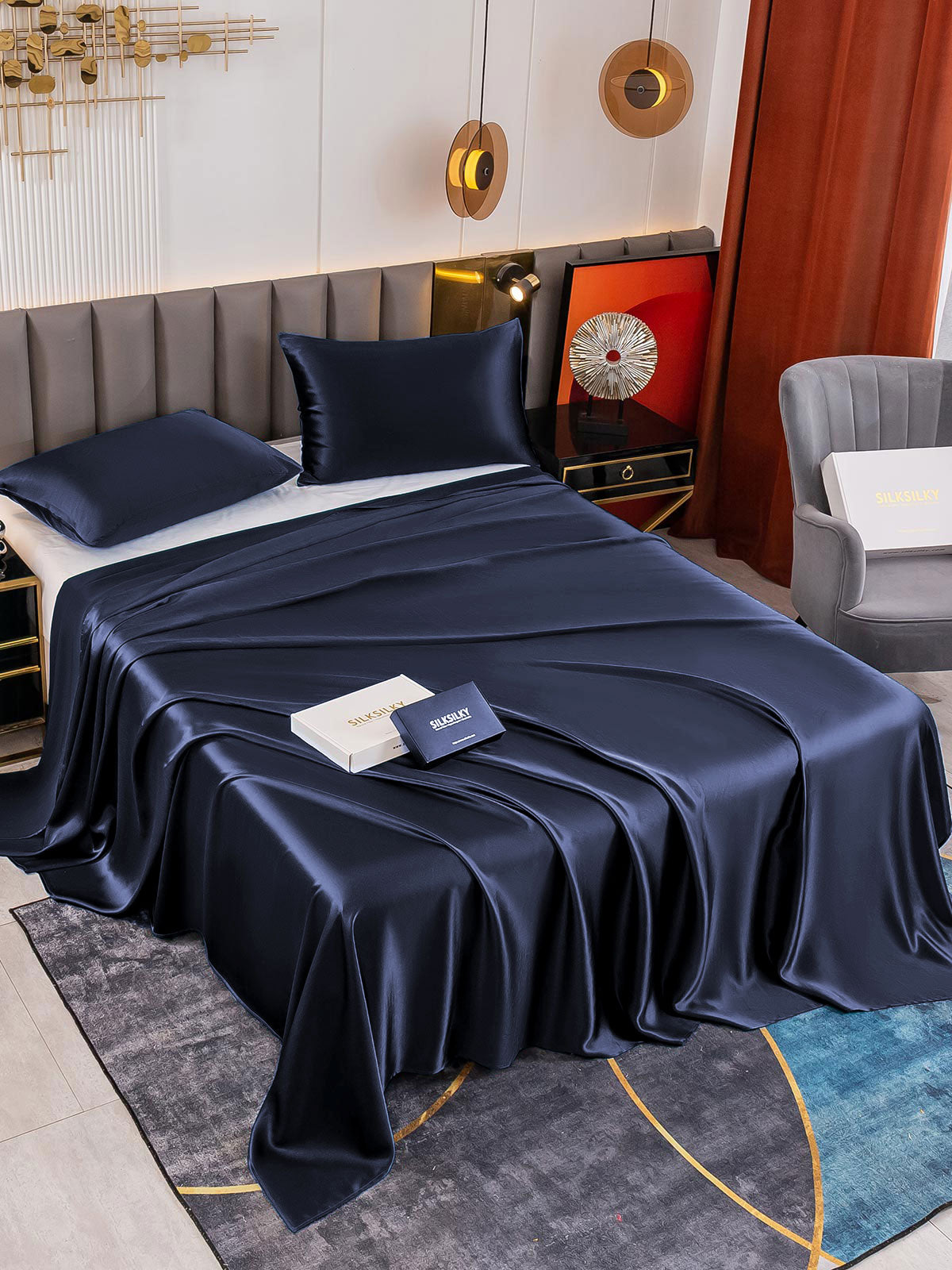 [Dark Blue] SilkSilky-AU 19Momme Pure Silk Bedding Set 001