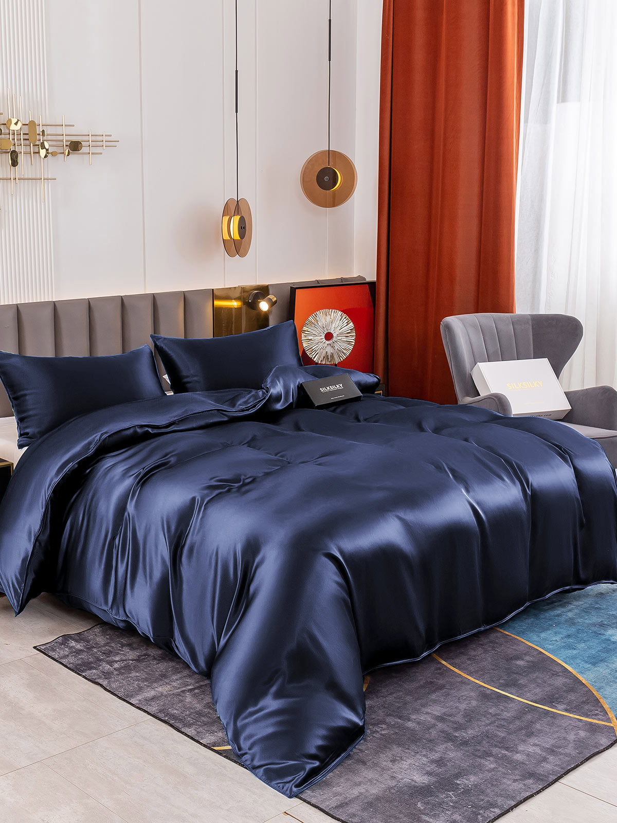 [Dark Blue] SilkSilky-AU 19Momme Pure Silk Bedding Set 001