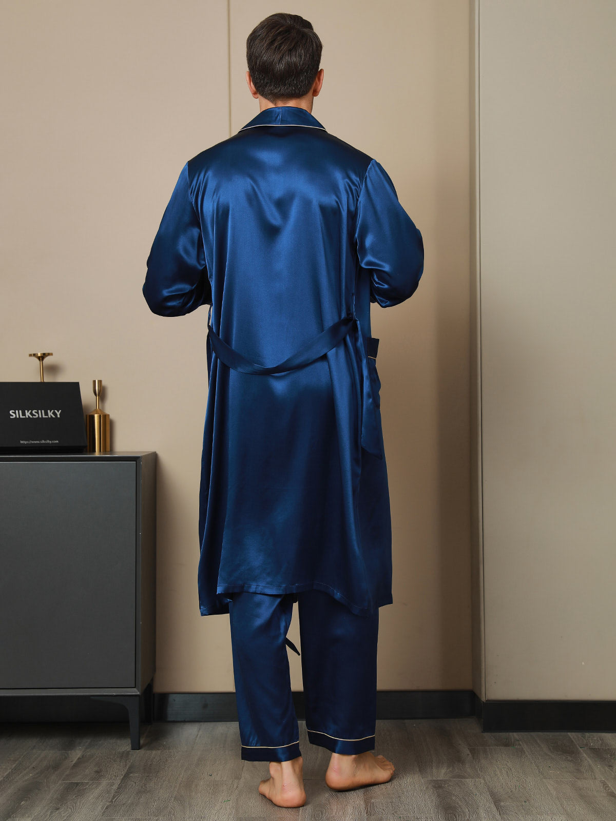 [Dark Blue] SilkSilky-AU 19Momme Pure Silk Long Sleeve Lapel Men's Dressing Gown 002