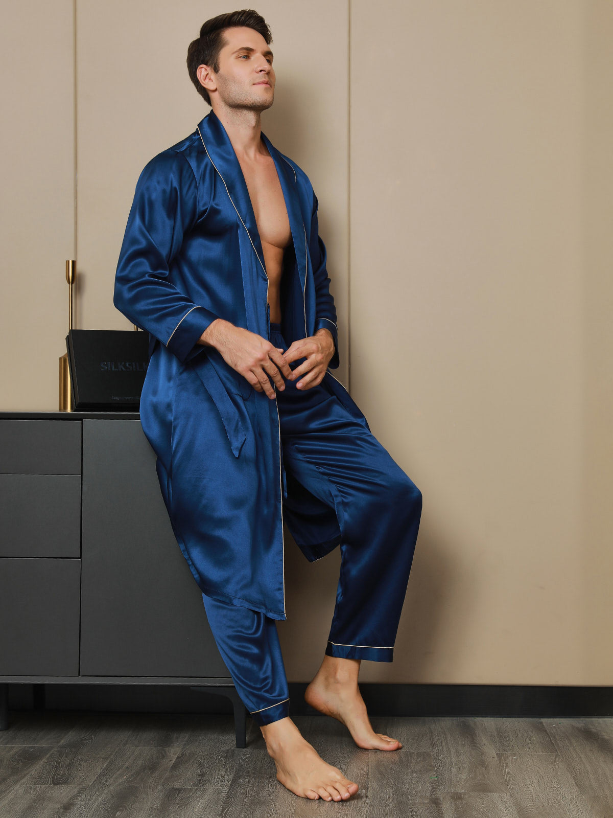 [Dark Blue] SilkSilky-AU 19Momme Pure Silk Long Sleeve Lapel Men's Dressing Gown 003