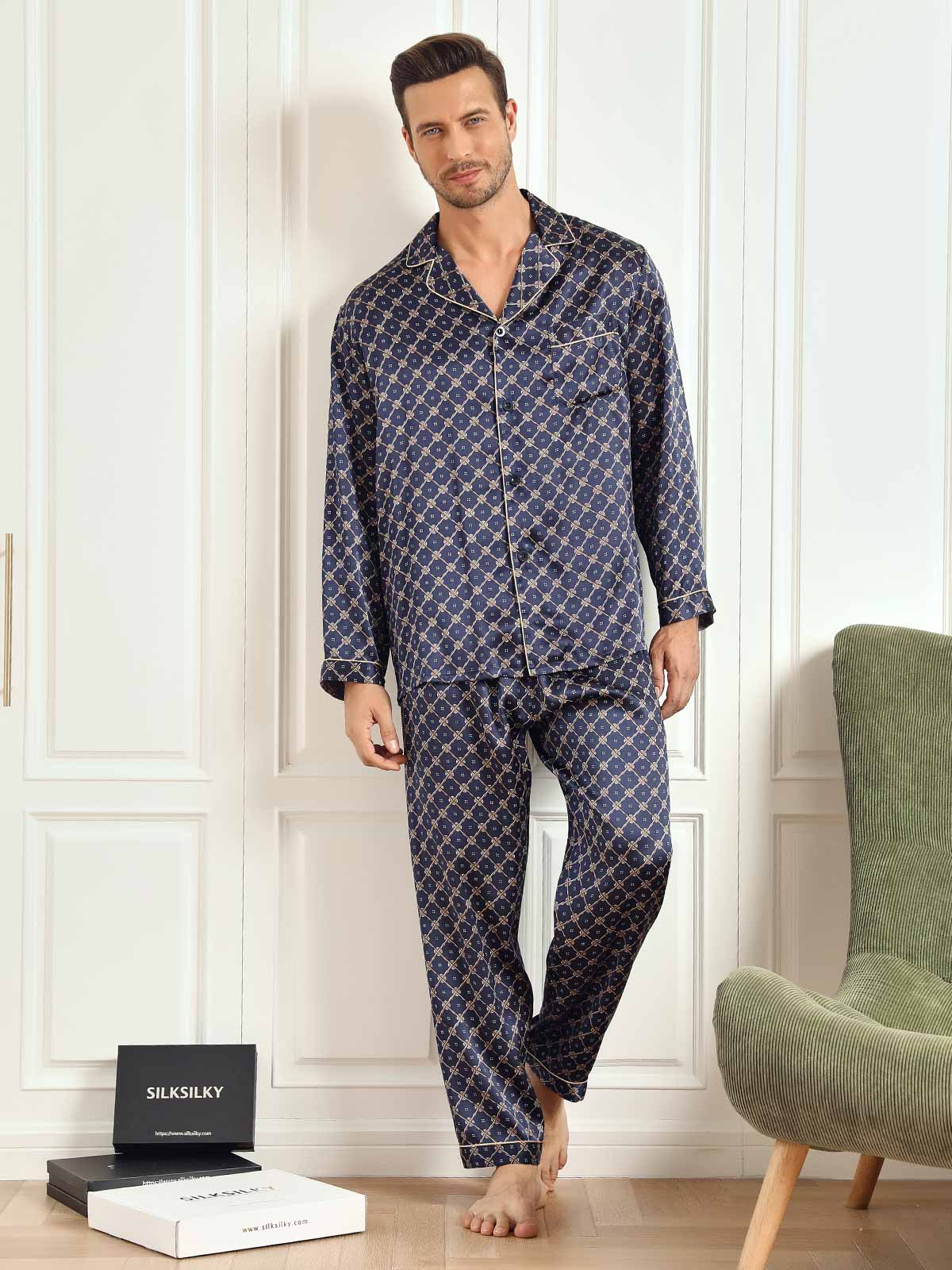 [Dark Blue] SilkSilky-AU 19Momme Pure Silk Long Sleeve Lapel Men's Pyjamas 002