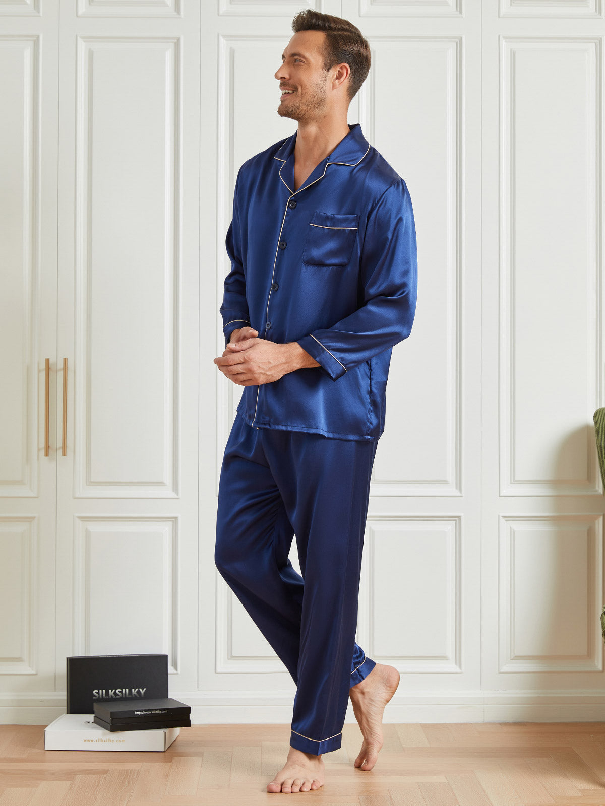 [Dark Blue] SilkSilky-AU 19Momme Pure Silk Long Sleeve Lapel Men's Pyjamas 002