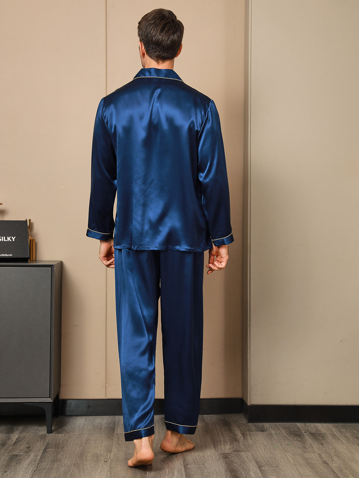 [Dark Blue] SilkSilky-AU 19Momme Pure Silk Long Sleeve Lapel Men's Pyjamas 002