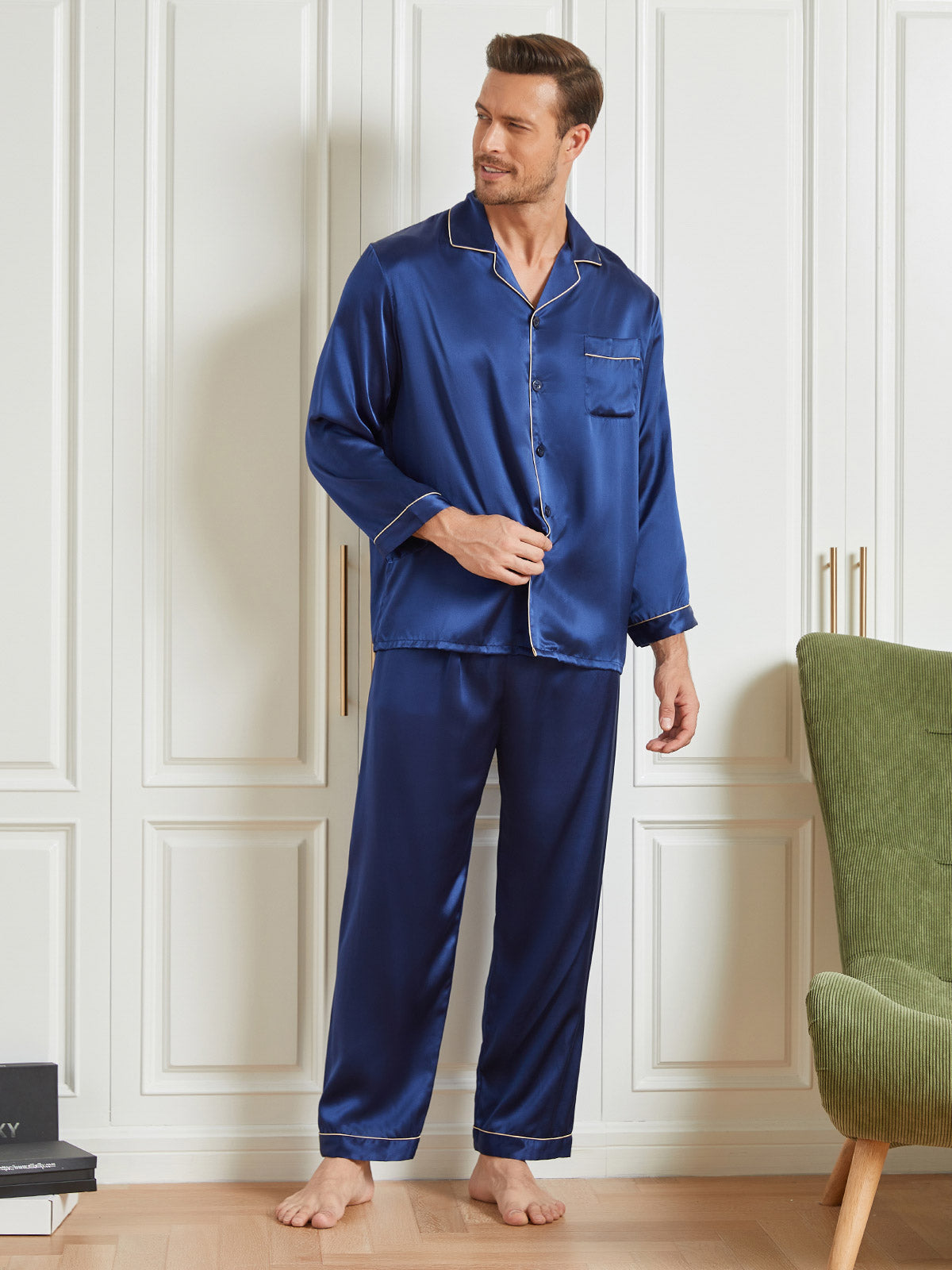 [Dark Blue] SilkSilky-AU 19Momme Pure Silk Long Sleeve Lapel Men's Pyjamas 003