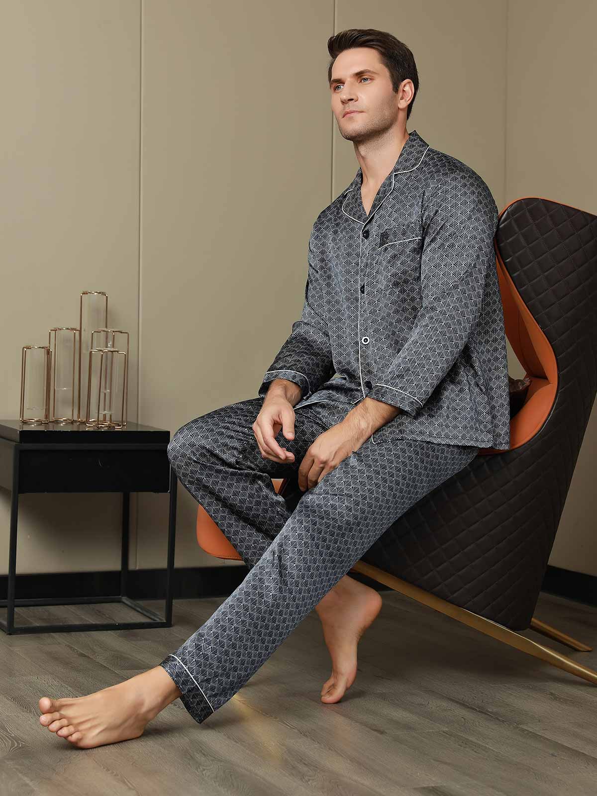 [Dark Blue] SilkSilky-AU 19Momme Pure Silk Long Sleeve Lapel Men's Pyjamas 003