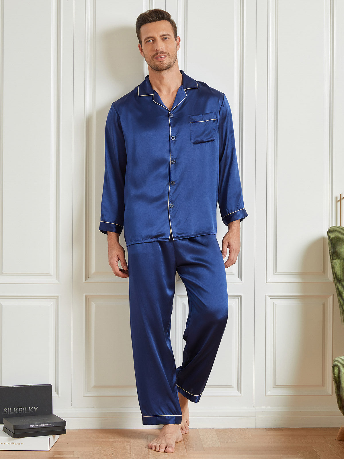 [Dark Blue] SilkSilky-AU 19Momme Pure Silk Long Sleeve Lapel Men's Pyjamas 004