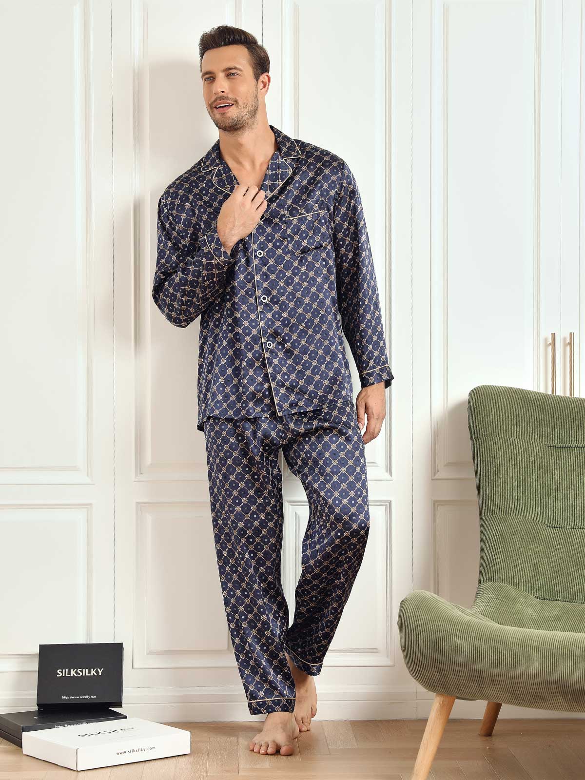 [Dark Blue] SilkSilky-AU 19Momme Pure Silk Long Sleeve Lapel Men's Pyjamas 005