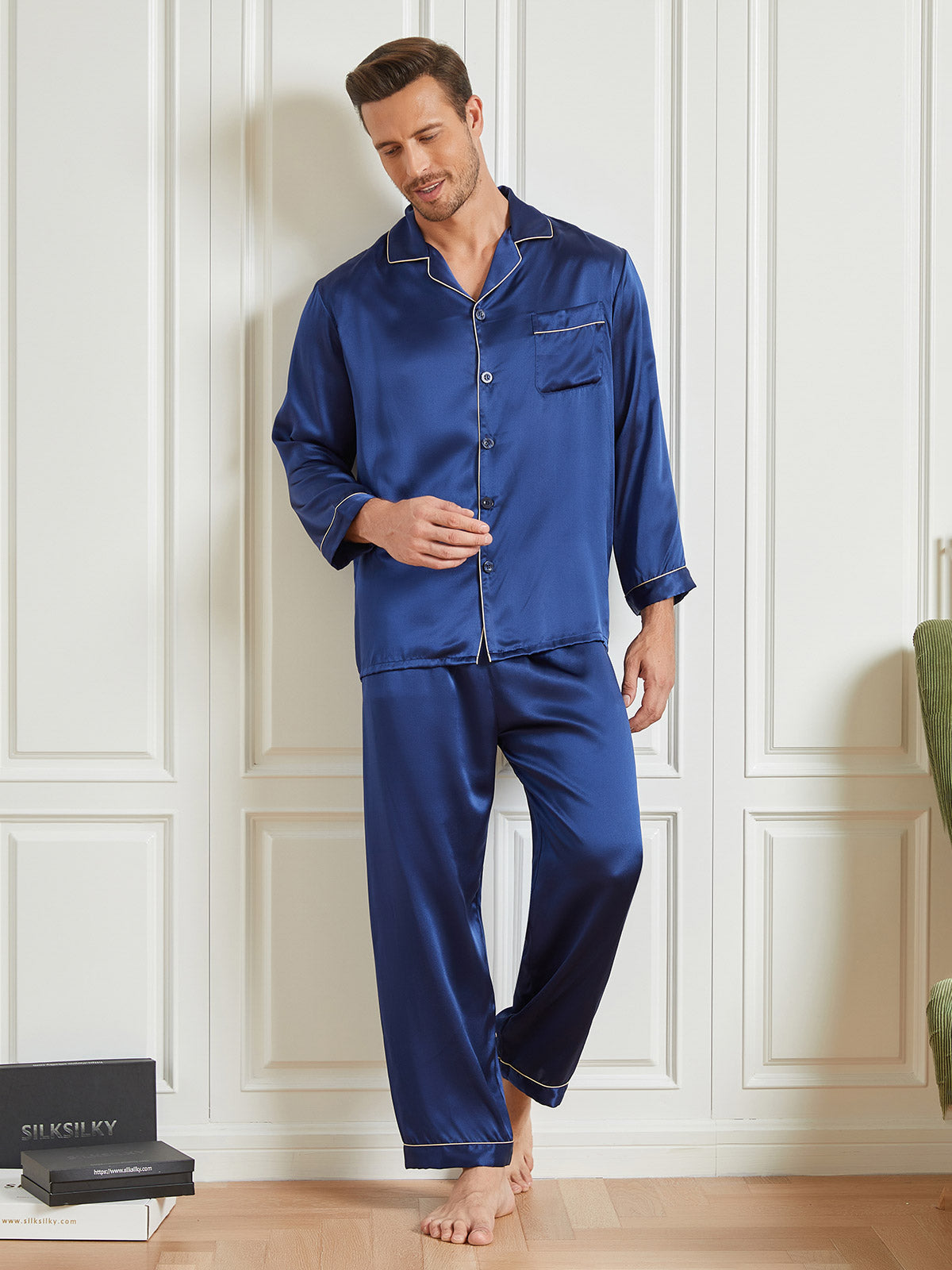 [Dark Blue] SilkSilky-AU 19Momme Pure Silk Long Sleeve Lapel Men's Pyjamas 005