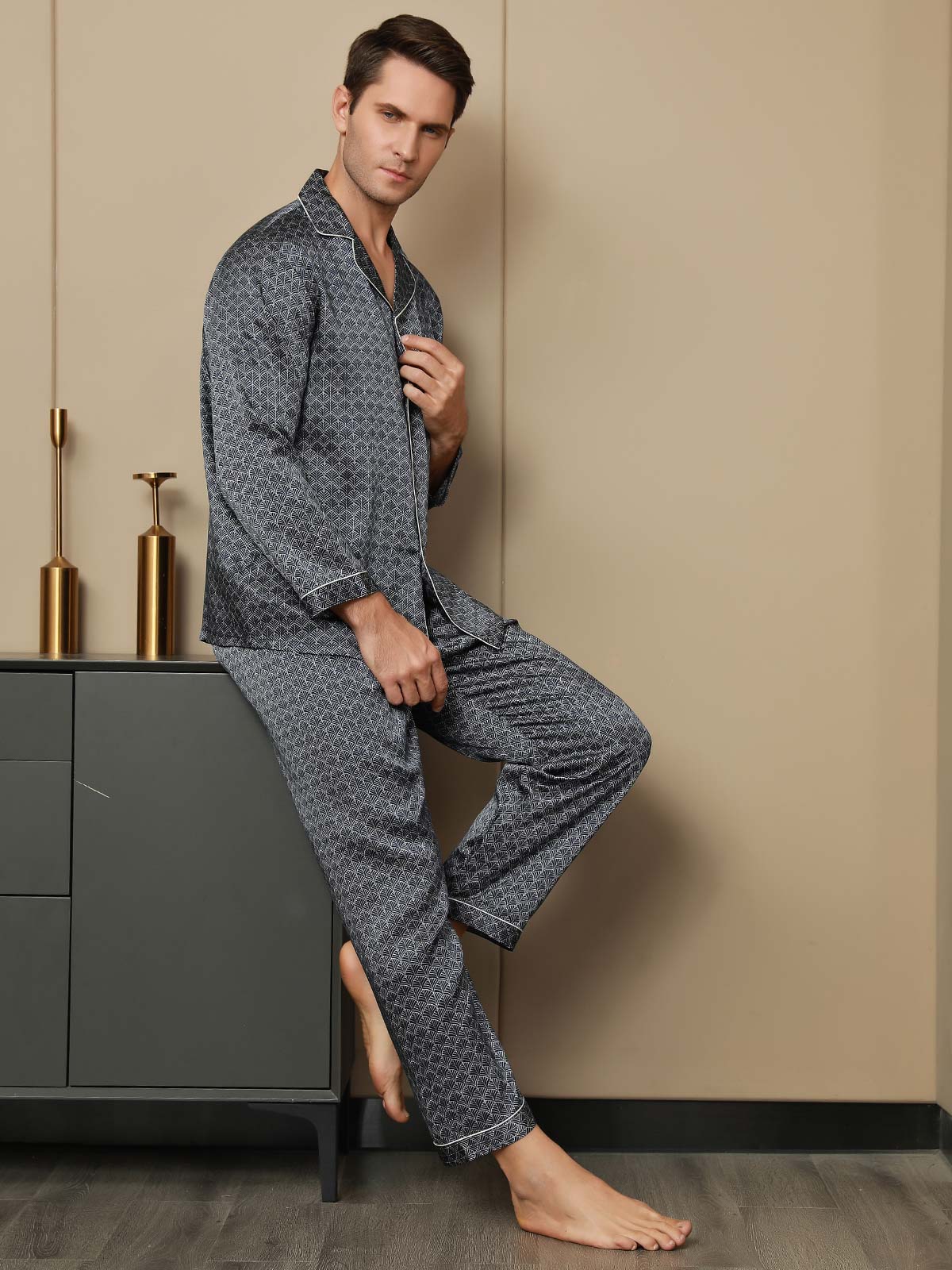 [Dark Blue] SilkSilky-AU 19Momme Pure Silk Long Sleeve Lapel Men's Pyjamas 005
