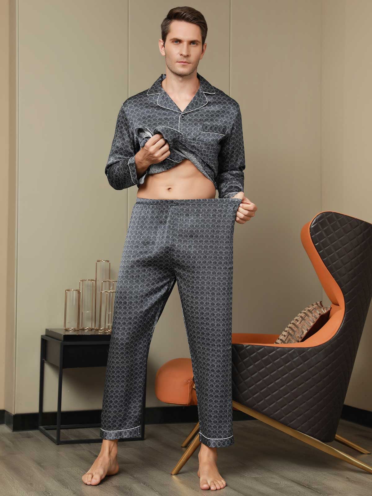 [Dark Blue] SilkSilky-AU 19Momme Pure Silk Long Sleeve Lapel Men's Pyjamas 008