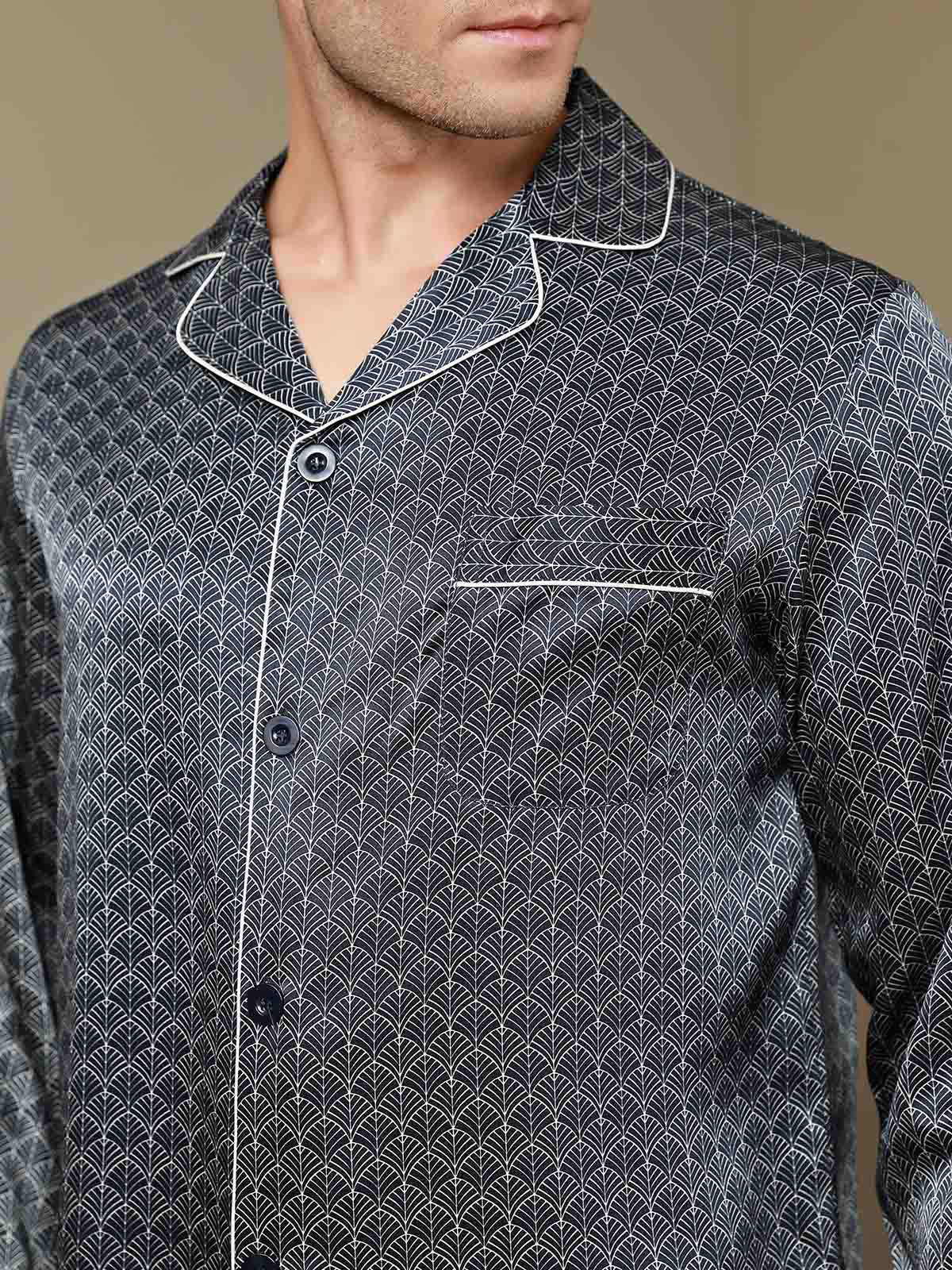 [Dark Blue] SilkSilky-AU 19Momme Pure Silk Long Sleeve Lapel Men's Pyjamas 009