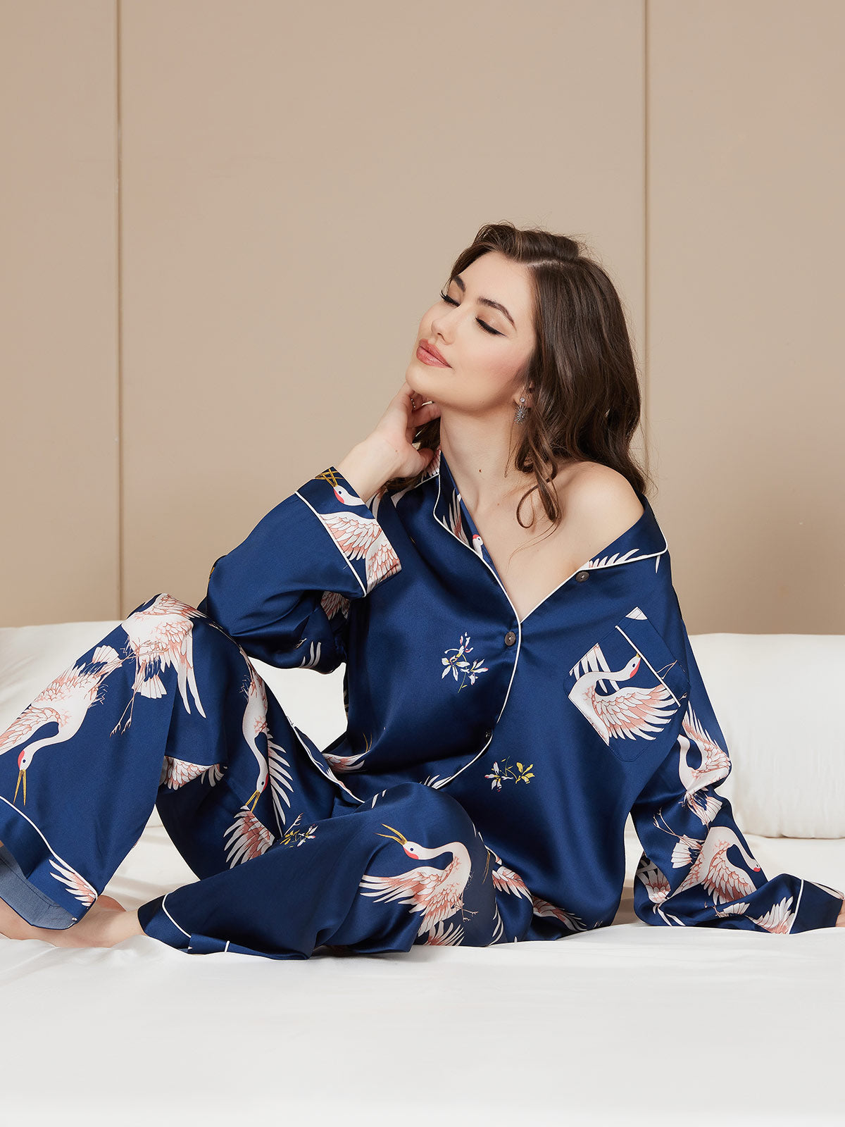 [Dark Blue] SilkSilky-AU 19Momme Pure Silk Long Sleeve Lapel Women's Pyjamas 001