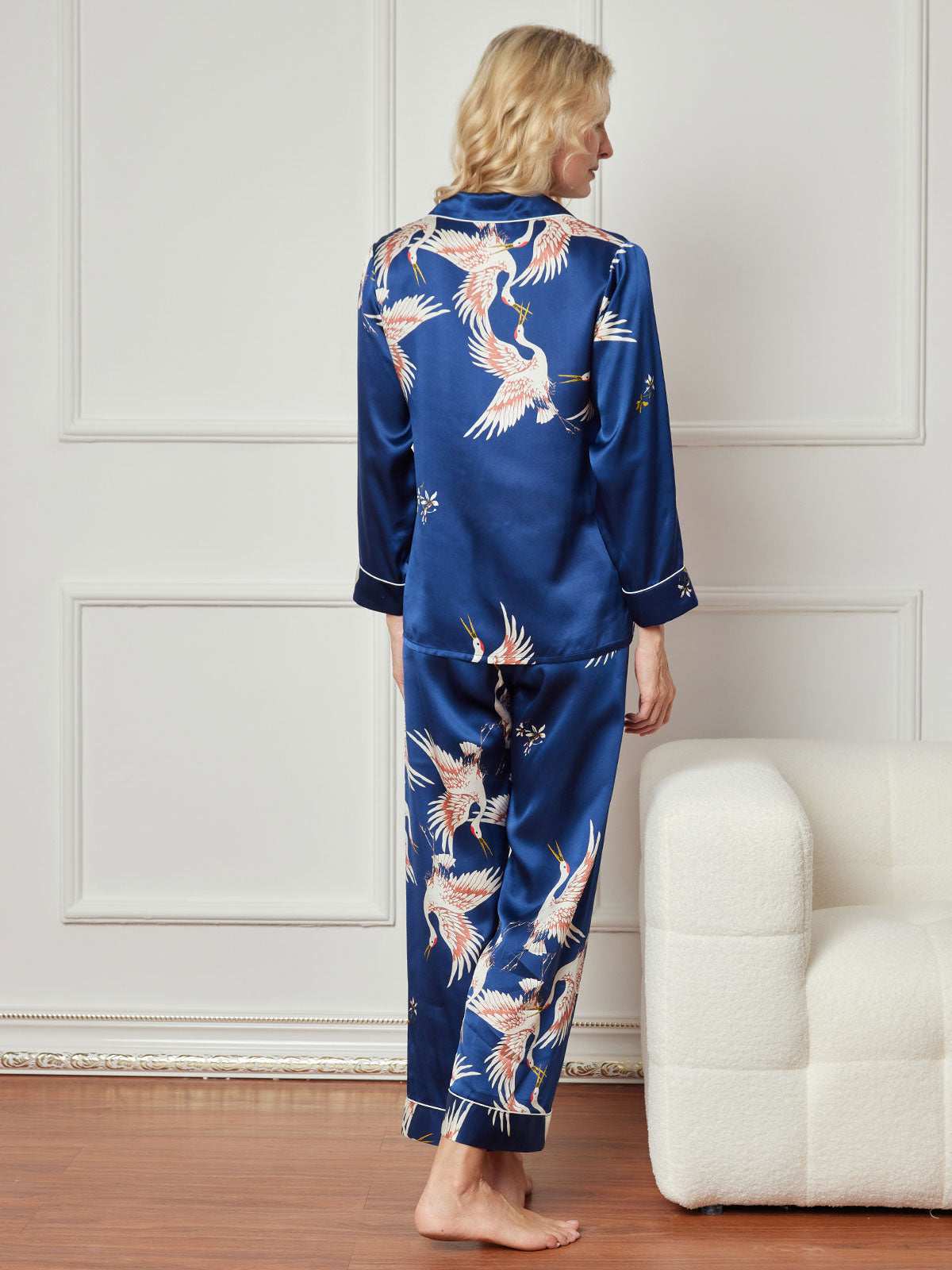 [Dark Blue] SilkSilky-AU 19Momme Pure Silk Long Sleeve Lapel Women's Pyjamas 002