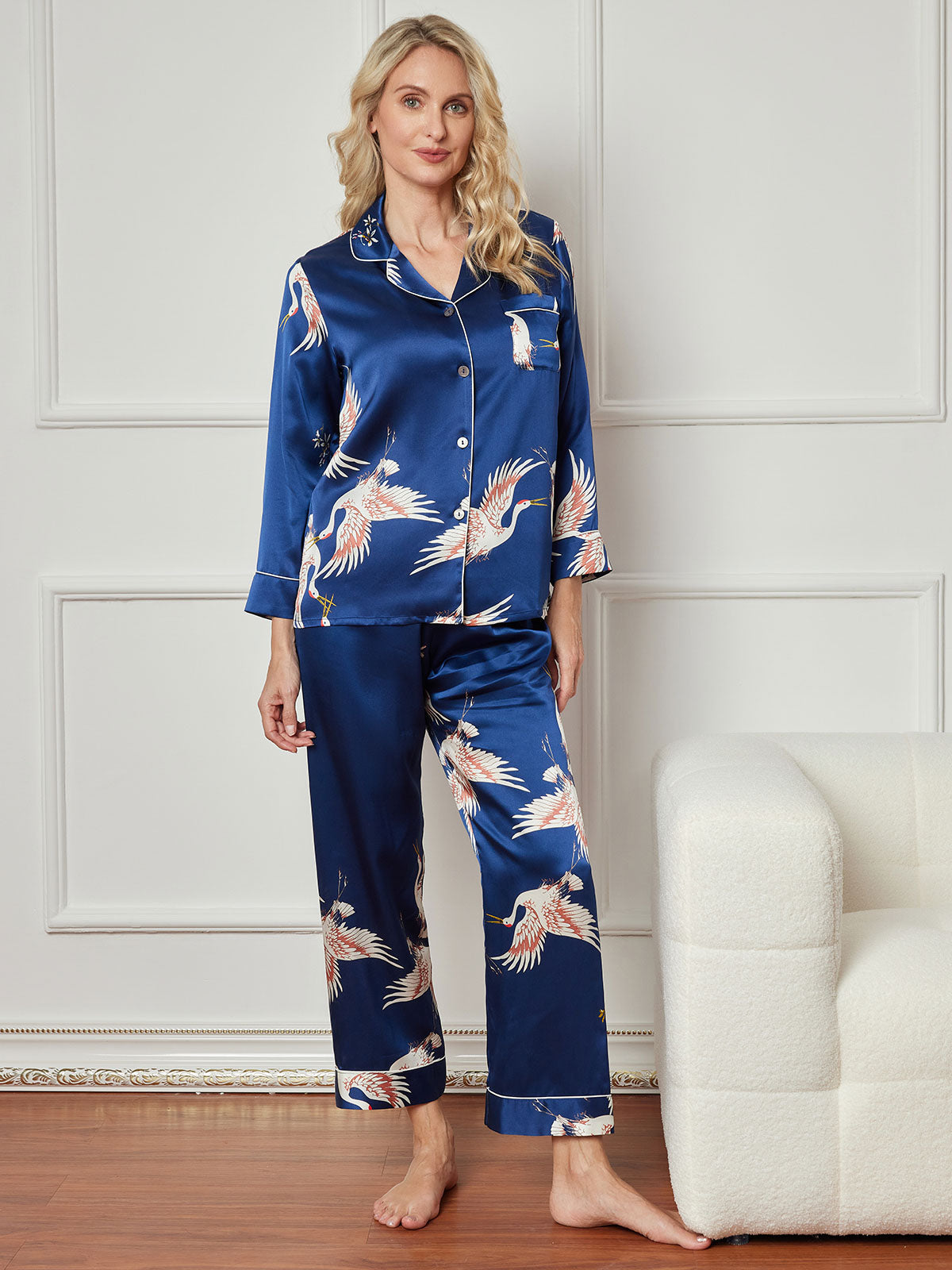 [Dark Blue] SilkSilky-AU 19Momme Pure Silk Long Sleeve Lapel Women's Pyjamas 003