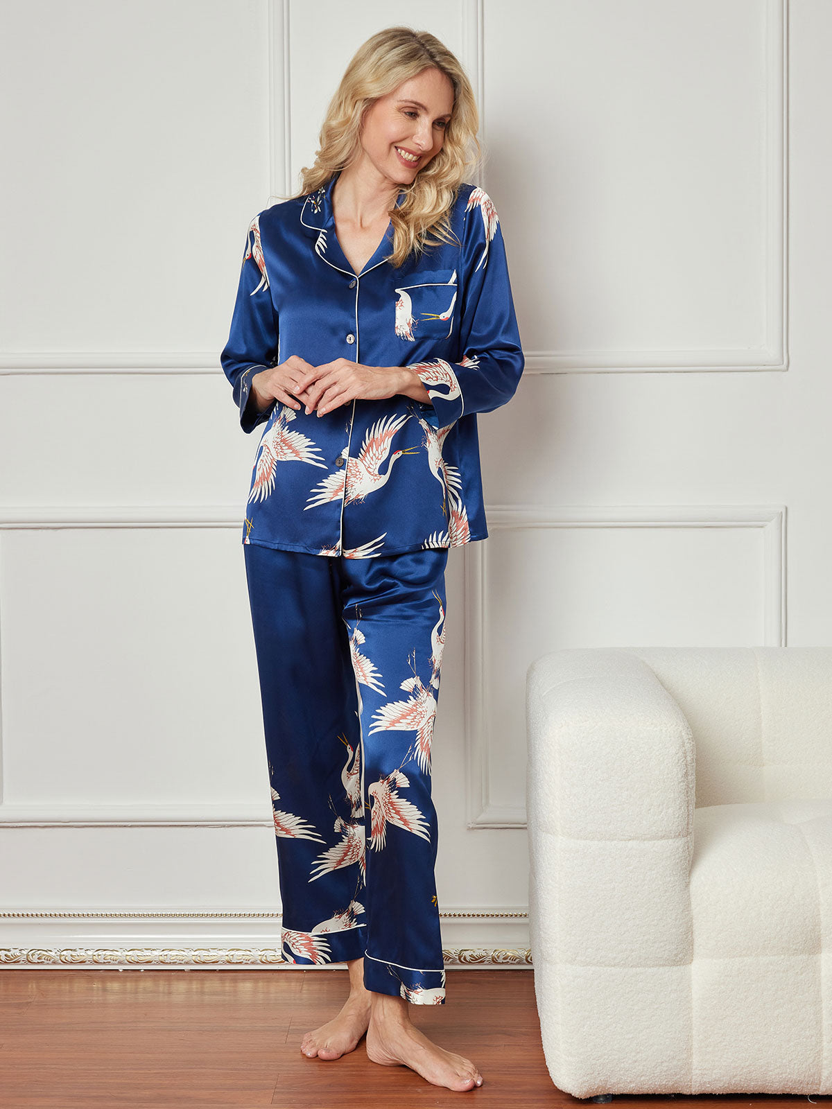 [Dark Blue] SilkSilky-AU 19Momme Pure Silk Long Sleeve Lapel Women's Pyjamas 004