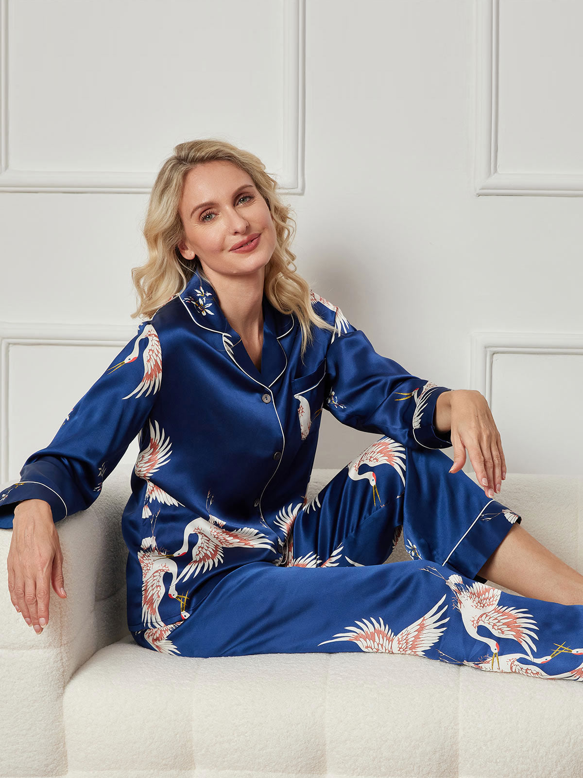 [Dark Blue] SilkSilky-AU 19Momme Pure Silk Long Sleeve Lapel Women's Pyjamas 006