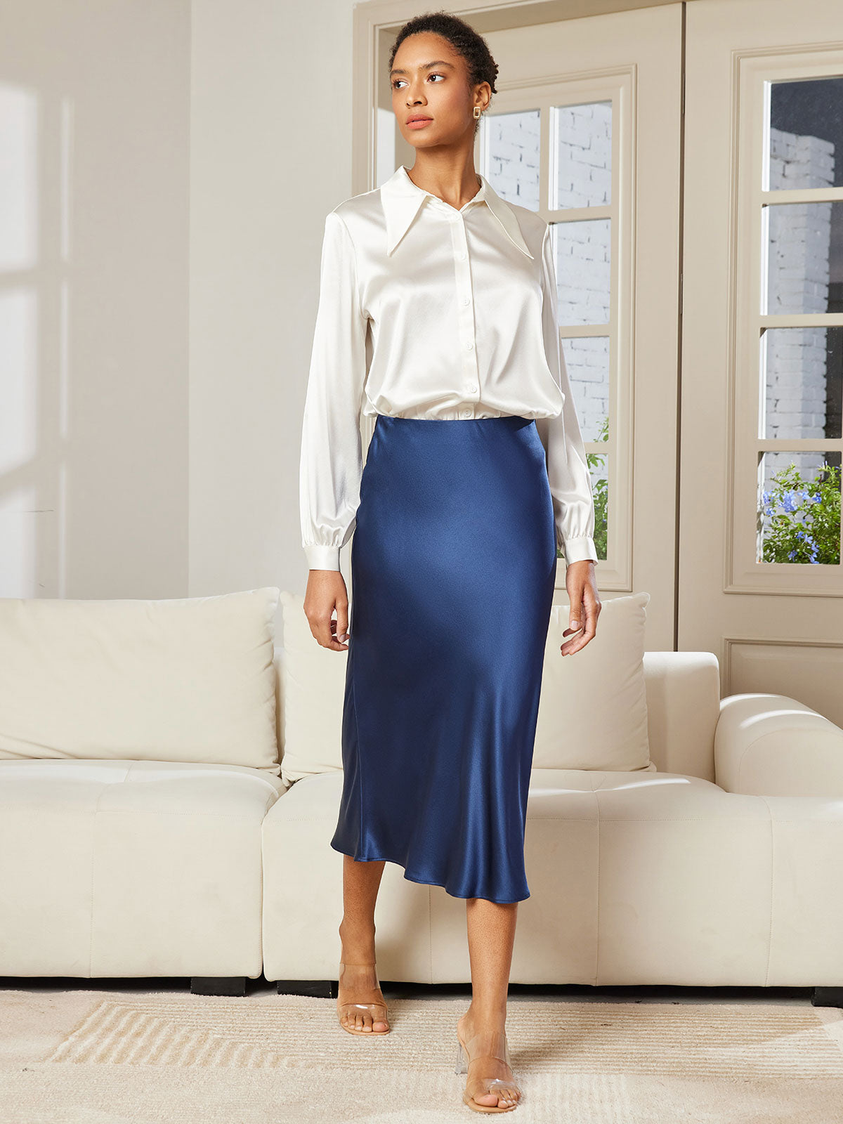 [Dark Blue] SilkSilky-AU 19Momme Pure Silk Skirt 005