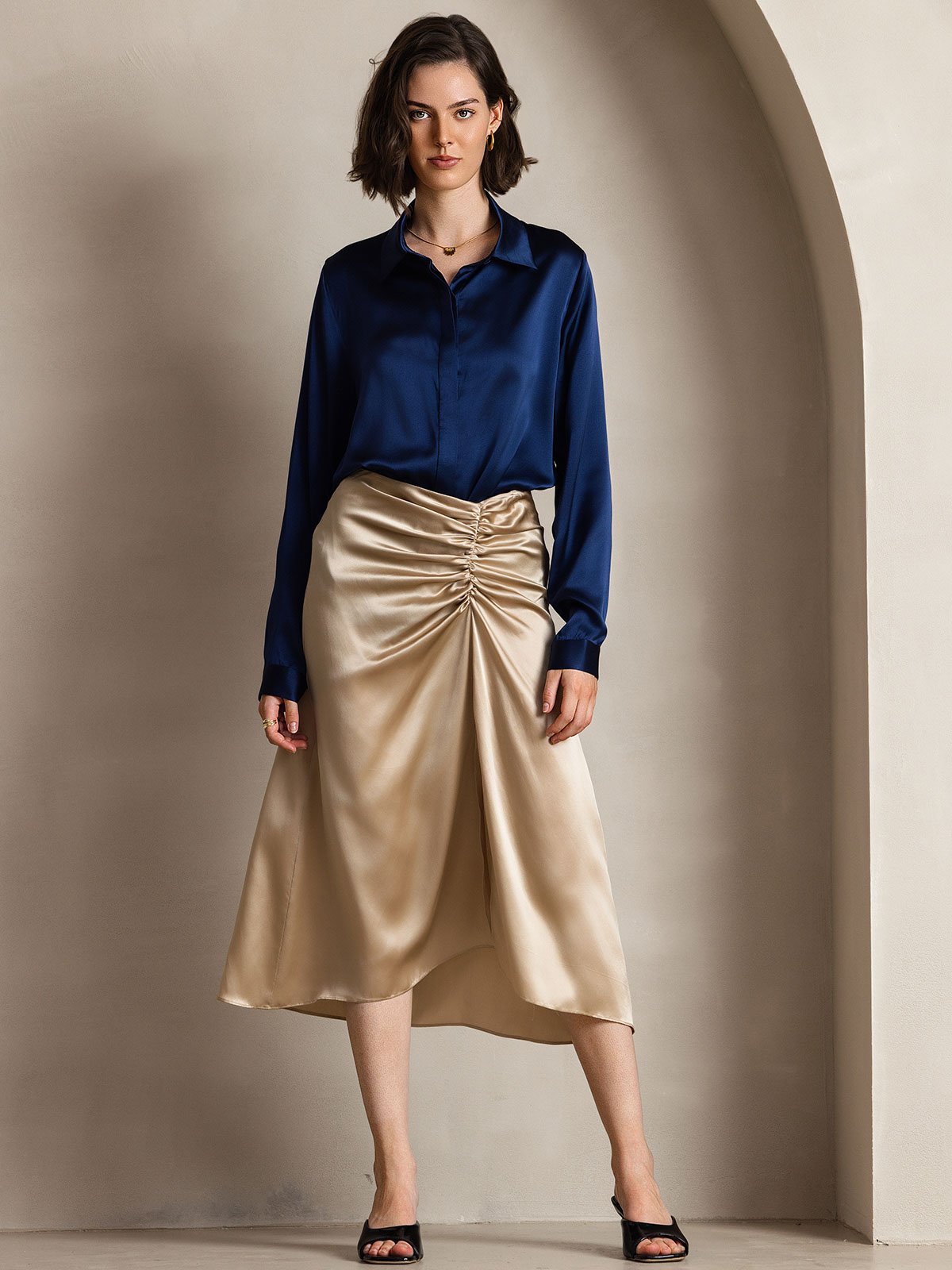 [Dark Blue] SilkSilky-AU 19Momme Silk Lapel Collar Women's Shirt 001