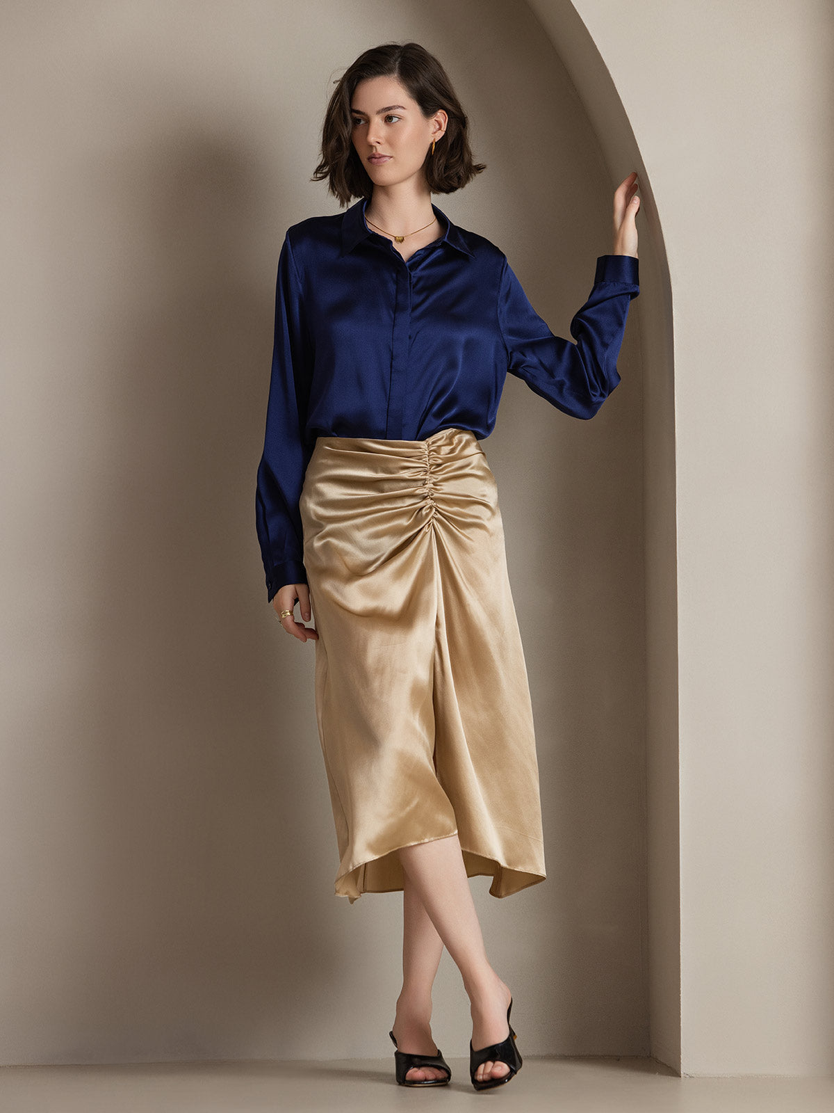 [Dark Blue] SilkSilky-AU 19Momme Silk Lapel Collar Women's Shirt 001
