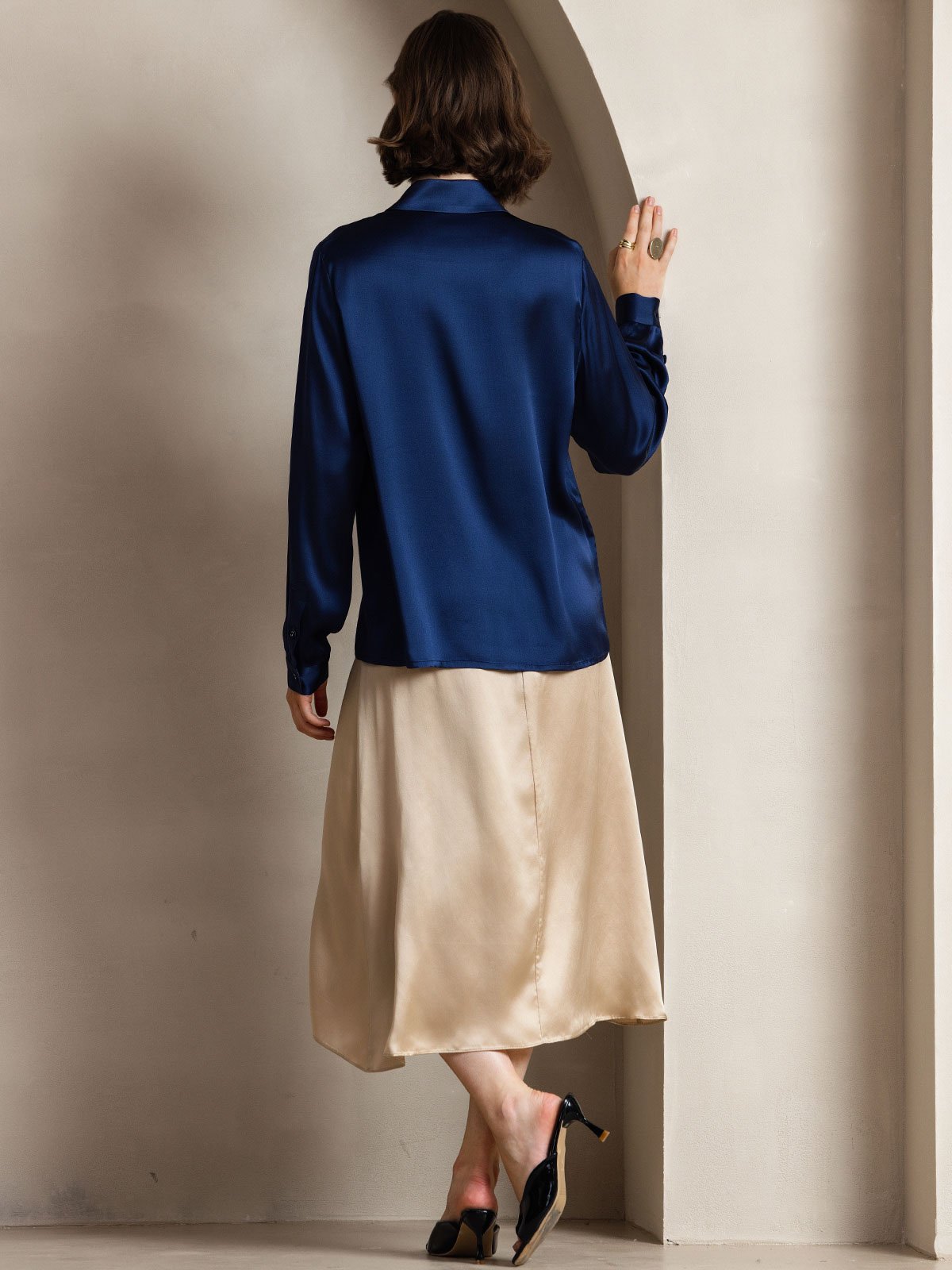 [Dark Blue] SilkSilky-AU 19Momme Silk Lapel Collar Women's Shirt 002