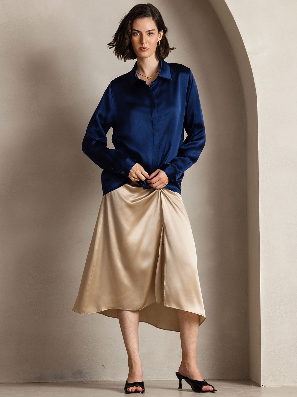 [Dark Blue] SilkSilky-AU 19Momme Silk Lapel Collar Women's Shirt 003