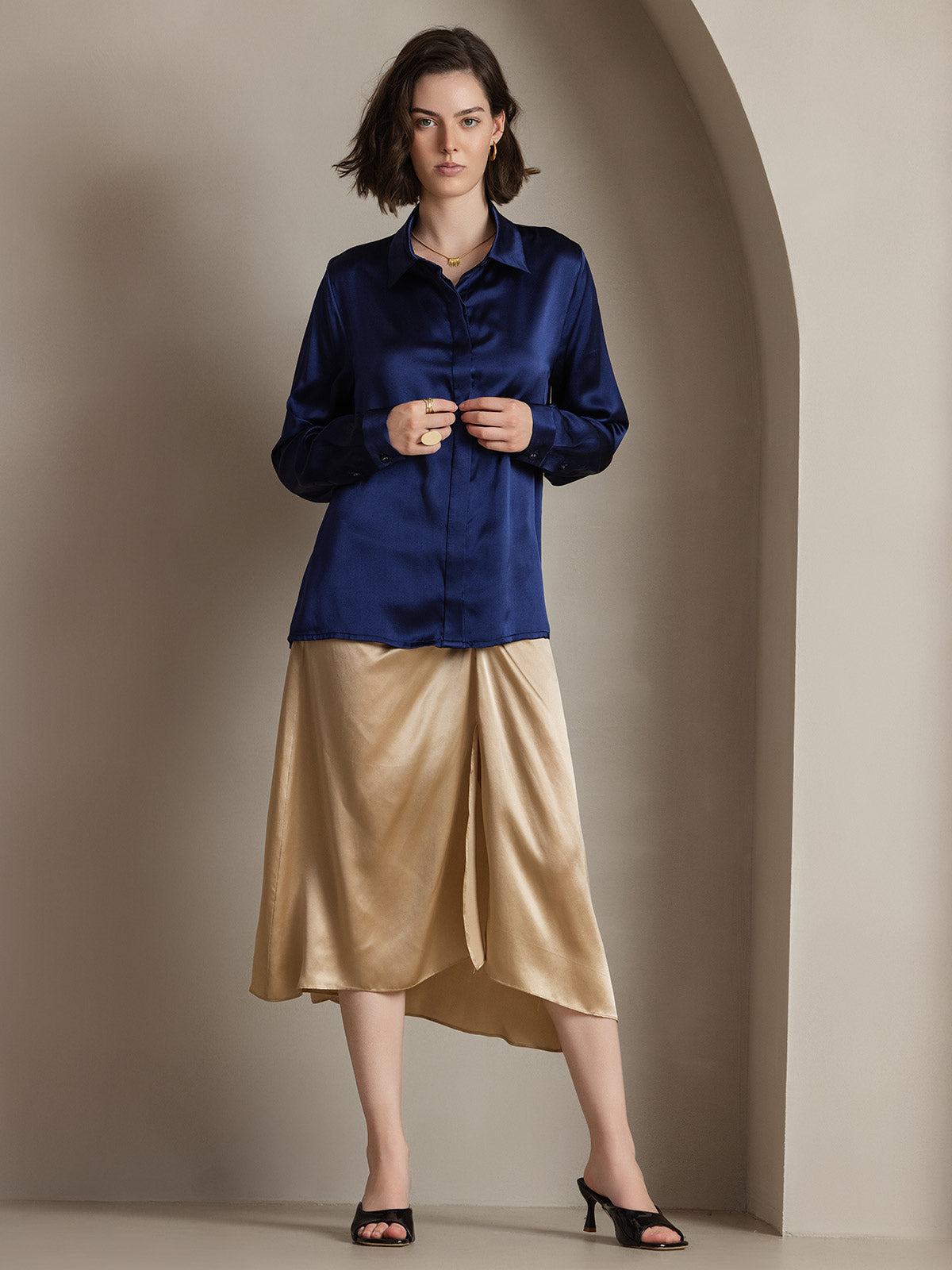 [Dark Blue] SilkSilky-AU 19Momme Silk Lapel Collar Women's Shirt 003