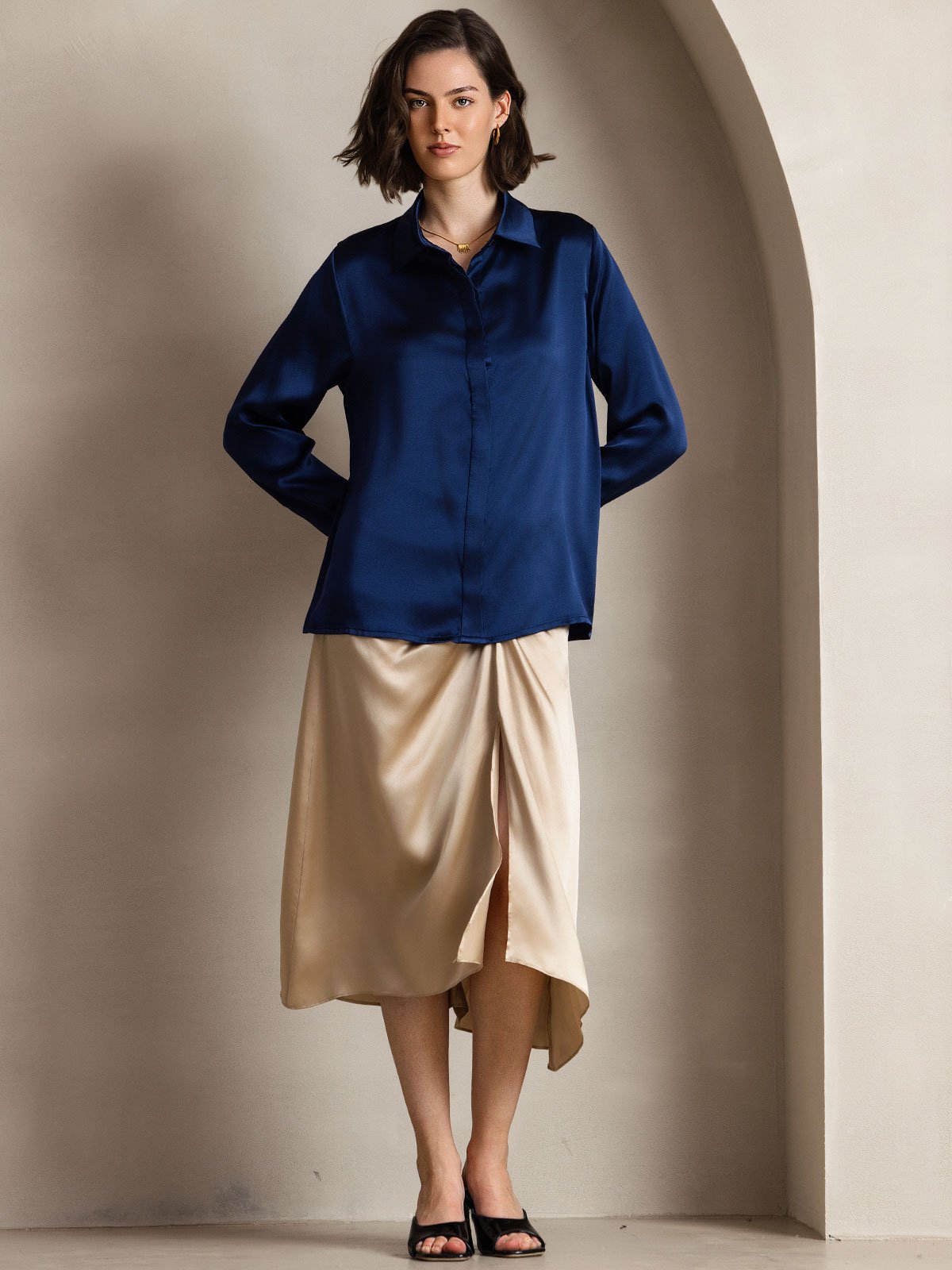 [Dark Blue] SilkSilky-AU 19Momme Silk Lapel Collar Women's Shirt 004