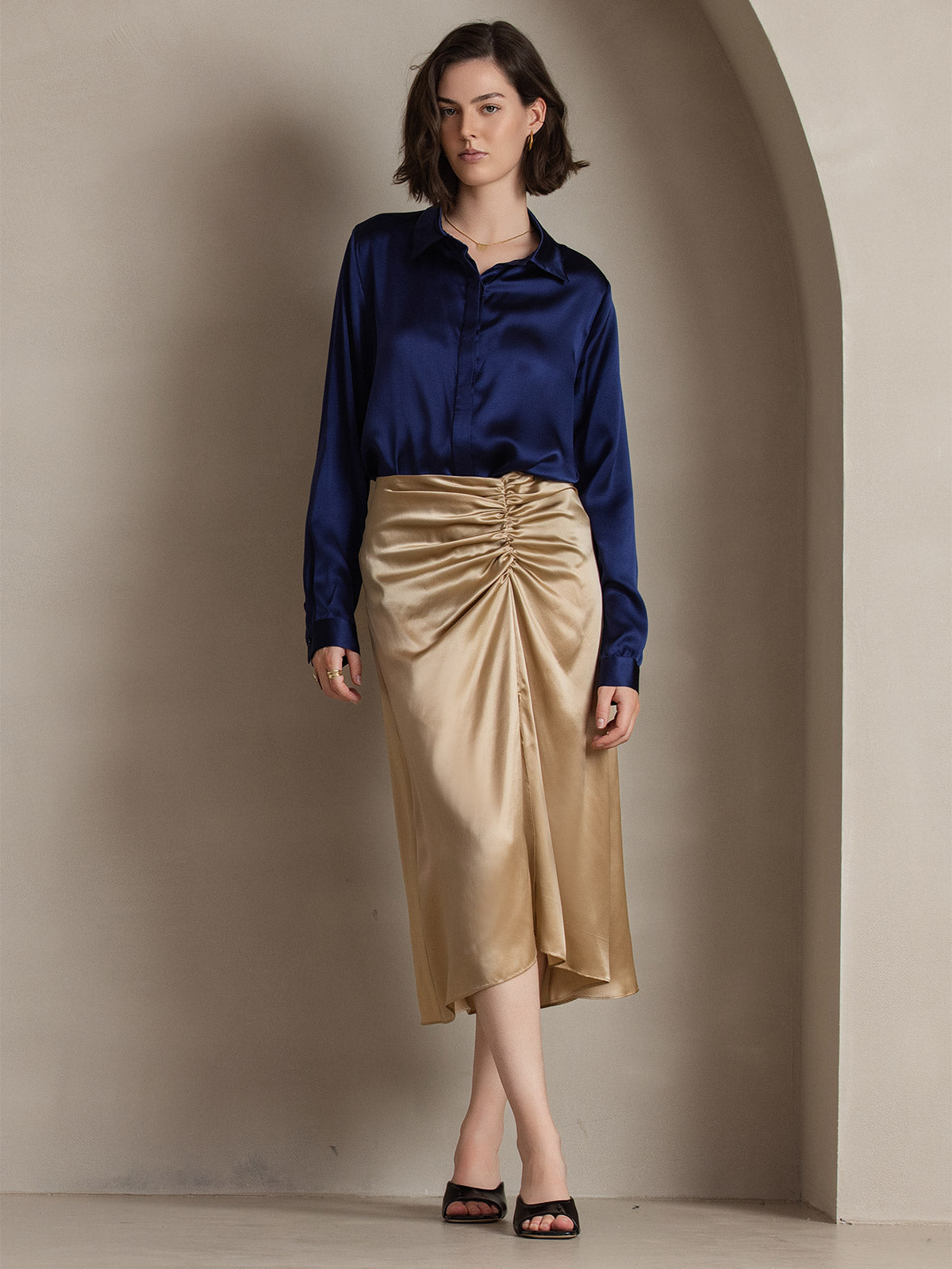 [Dark Blue] SilkSilky-AU 19Momme Silk Lapel Collar Women's Shirt 004