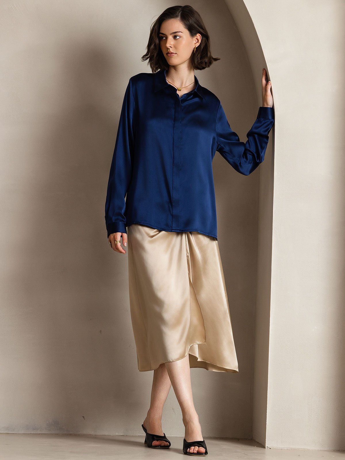 [Dark Blue] SilkSilky-AU 19Momme Silk Lapel Collar Women's Shirt 005