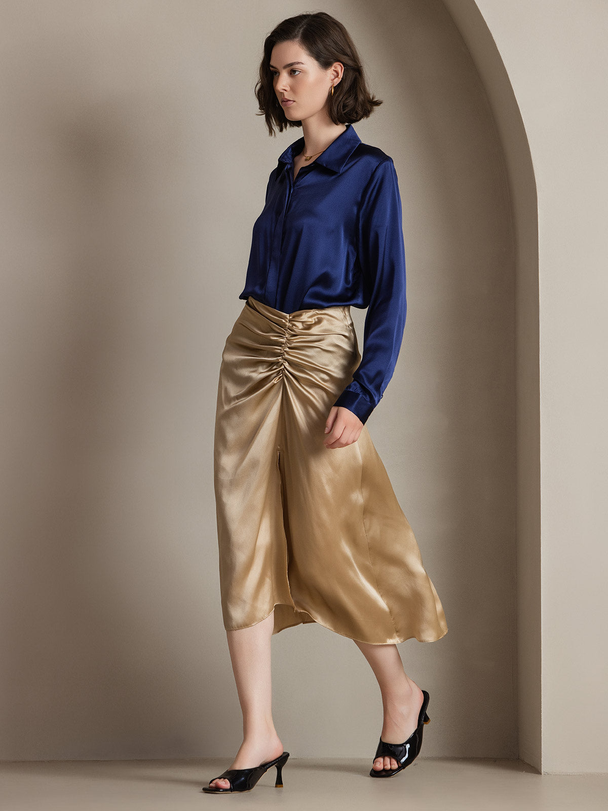 [Dark Blue] SilkSilky-AU 19Momme Silk Lapel Collar Women's Shirt 005