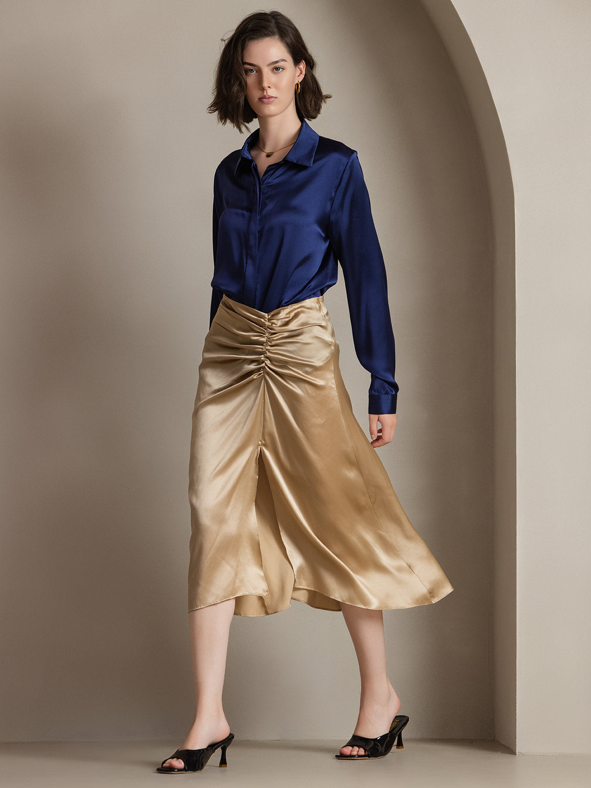 [Dark Blue] SilkSilky-AU 19Momme Silk Lapel Collar Women's Shirt 006
