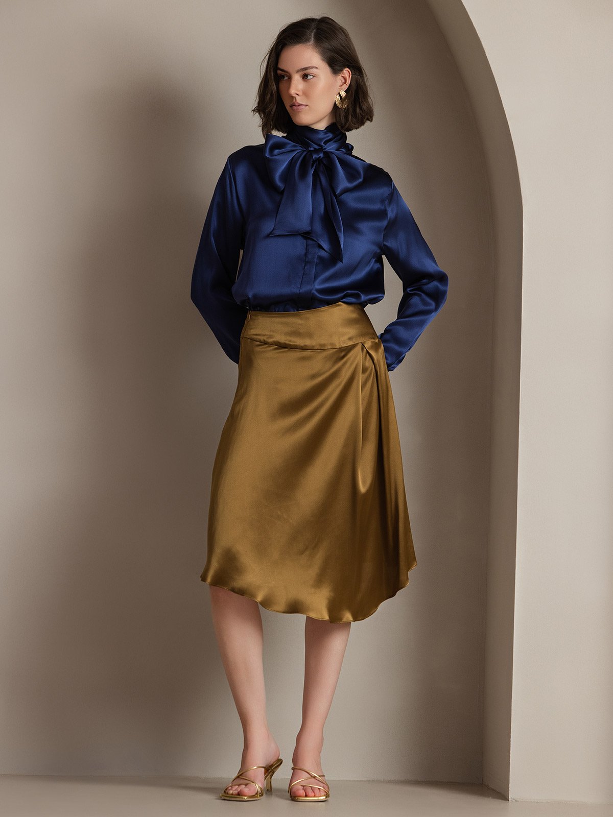 [Dark Blue] SilkSilky-AU 19Momme Silk Long Sleeve Tie Neck Women's Shirt 001