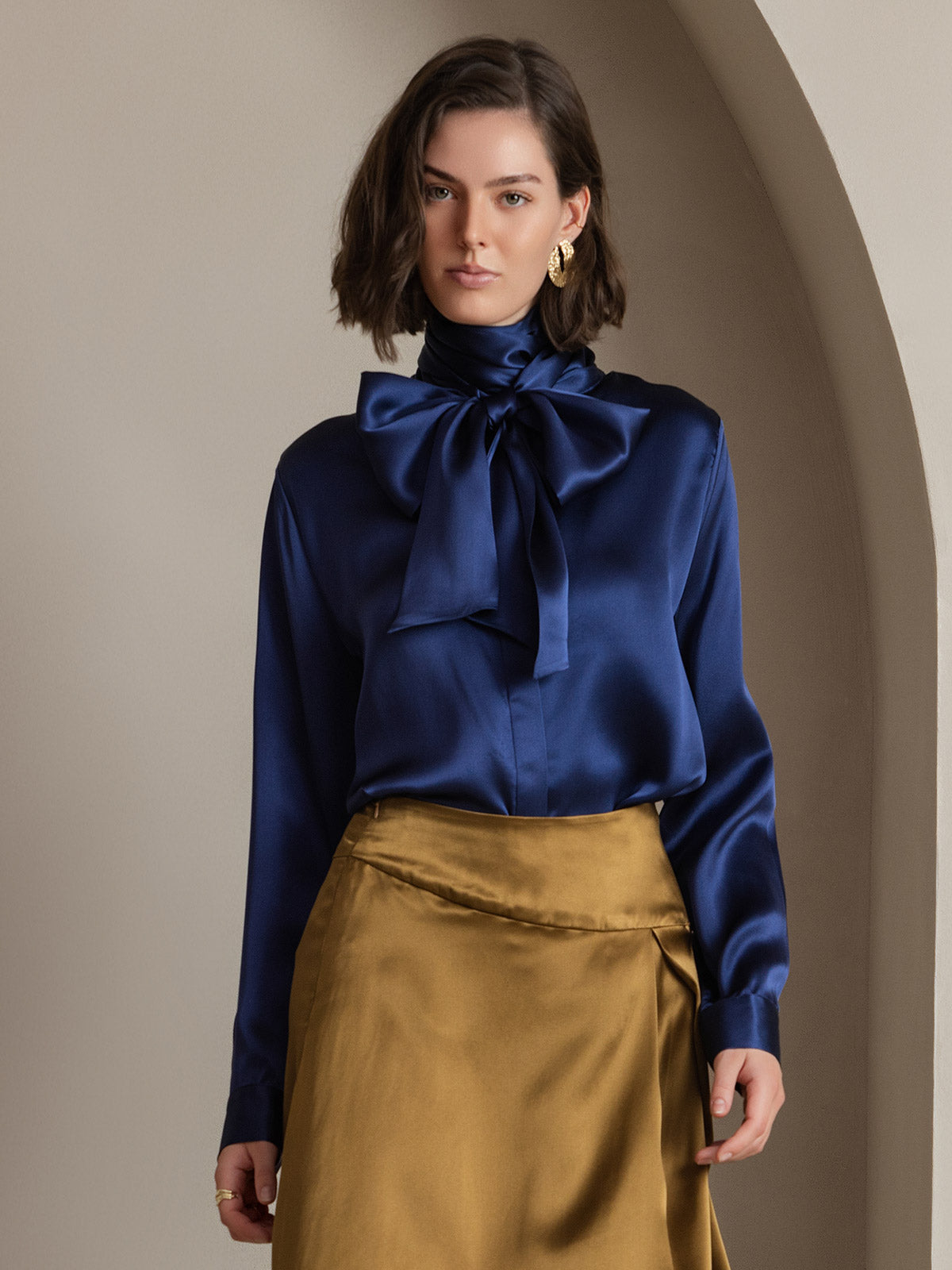 [Dark Blue] SilkSilky-AU 19Momme Silk Long Sleeve Tie Neck Women's Shirt 001