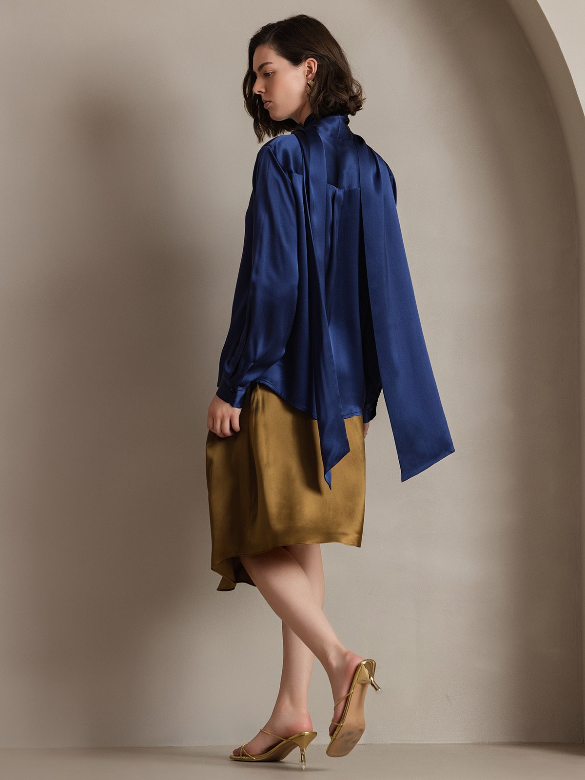 [Dark Blue] SilkSilky-AU 19Momme Silk Long Sleeve Tie Neck Women's Shirt 002