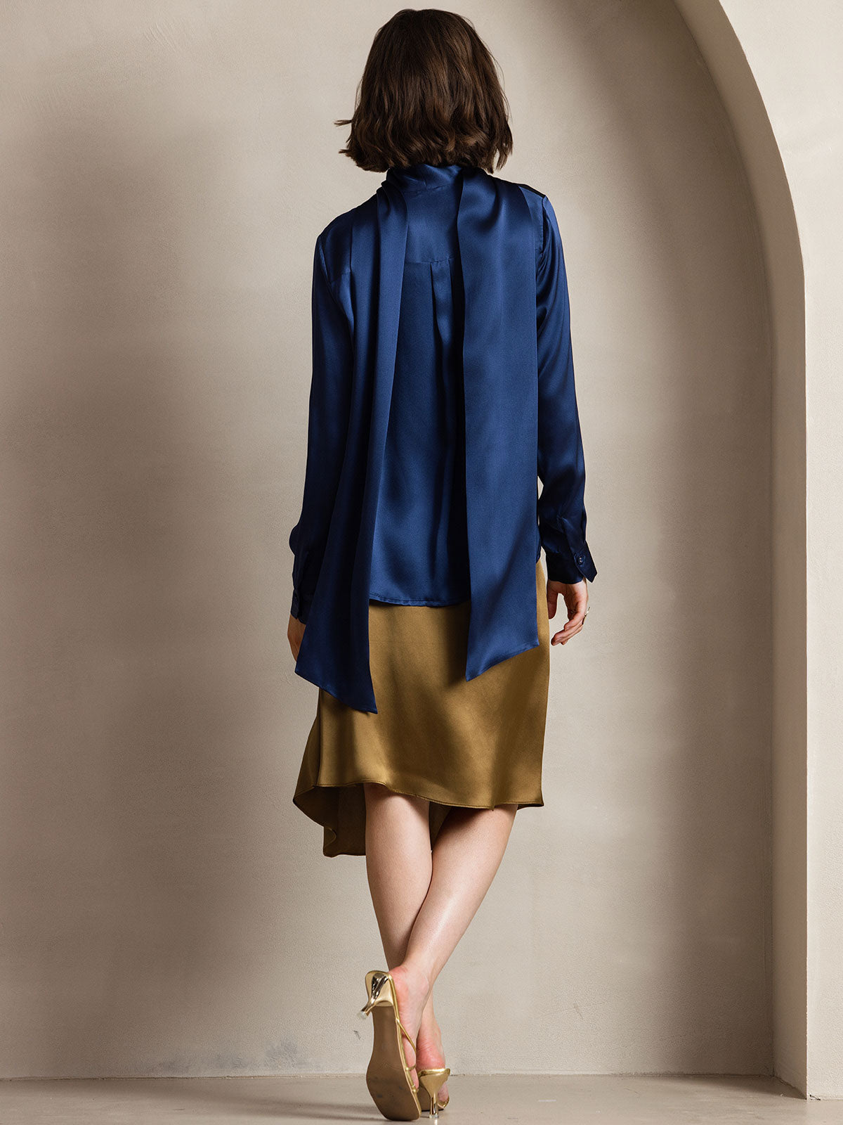 [Dark Blue] SilkSilky-AU 19Momme Silk Long Sleeve Tie Neck Women's Shirt 002