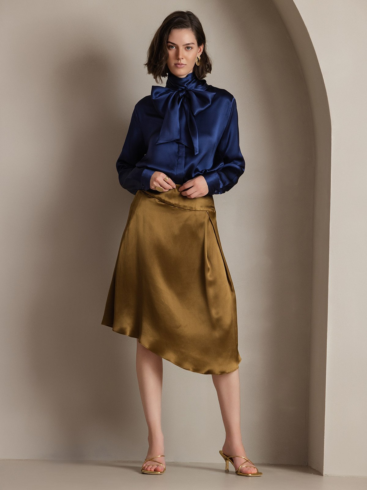[Dark Blue] SilkSilky-AU 19Momme Silk Long Sleeve Tie Neck Women's Shirt 003