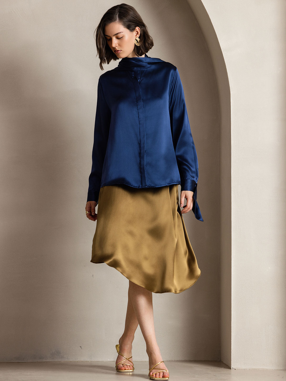 [Dark Blue] SilkSilky-AU 19Momme Silk Long Sleeve Tie Neck Women's Shirt 003