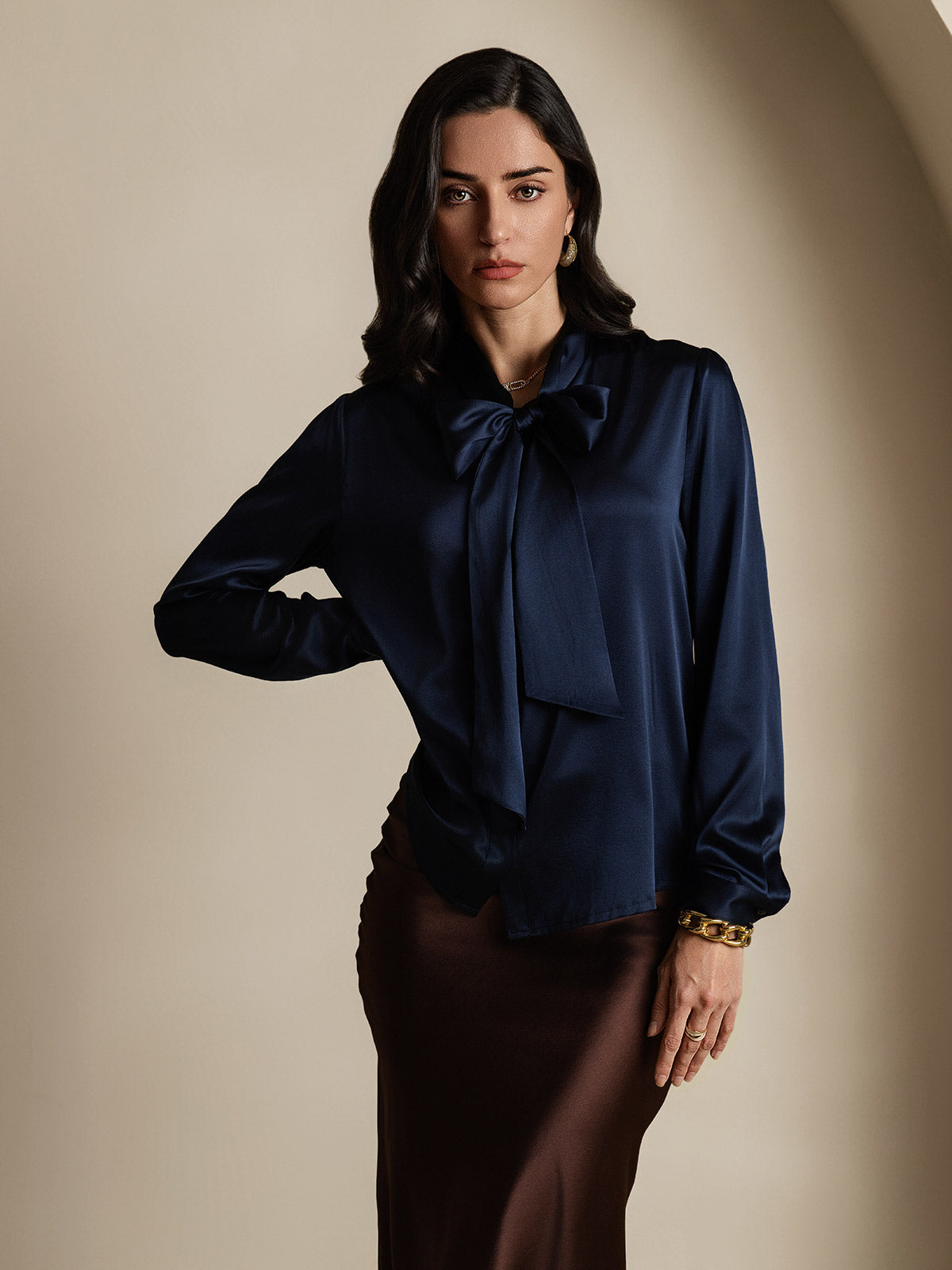 [Dark Blue] SilkSilky-AU 19Momme Silk Long Sleeve Tie Neck Women's Shirt 003